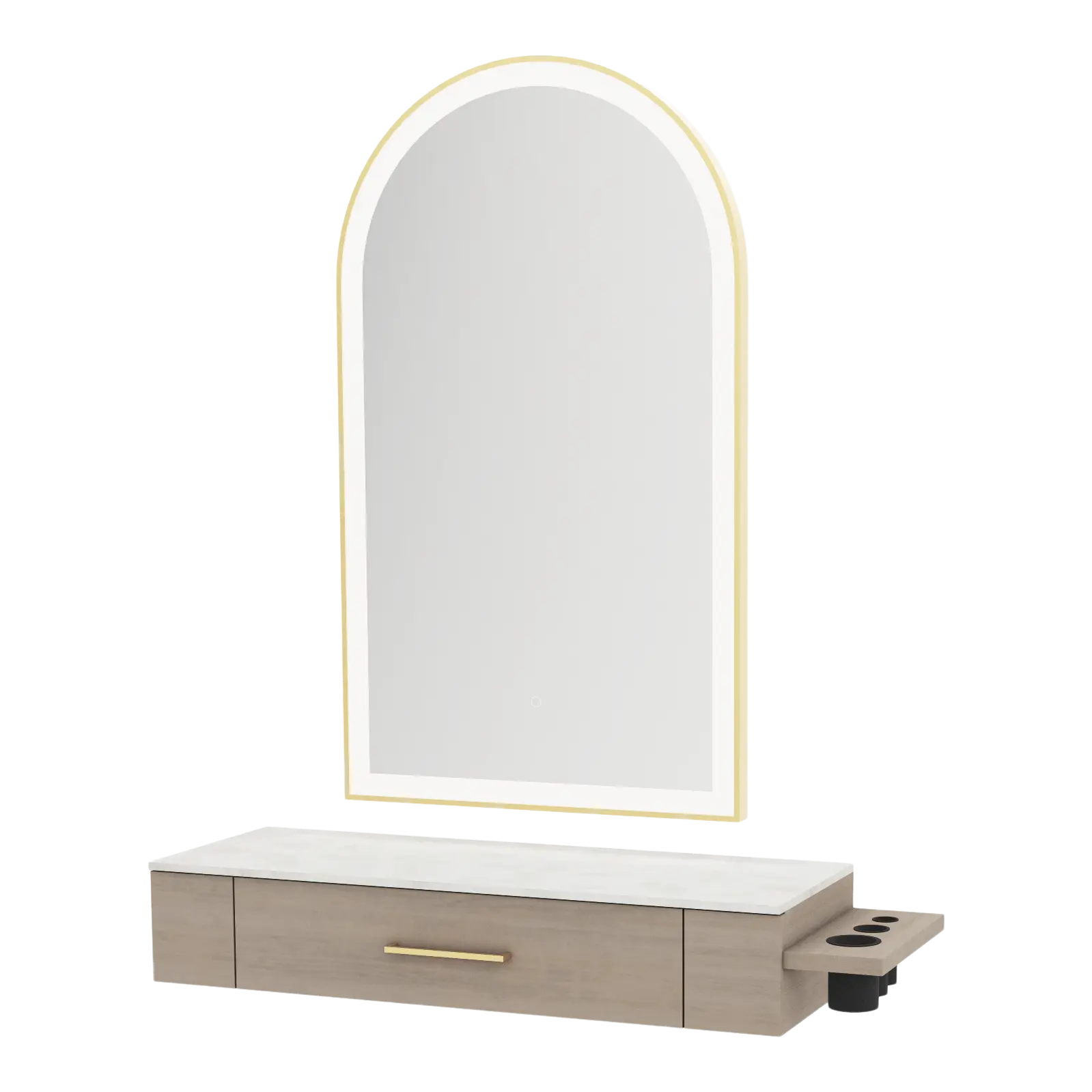 Nova Wall Mount Styling Station with Side-Mount Appliance Holder, Solid Surface Countertop and Gold Paloma Arch Mirror
