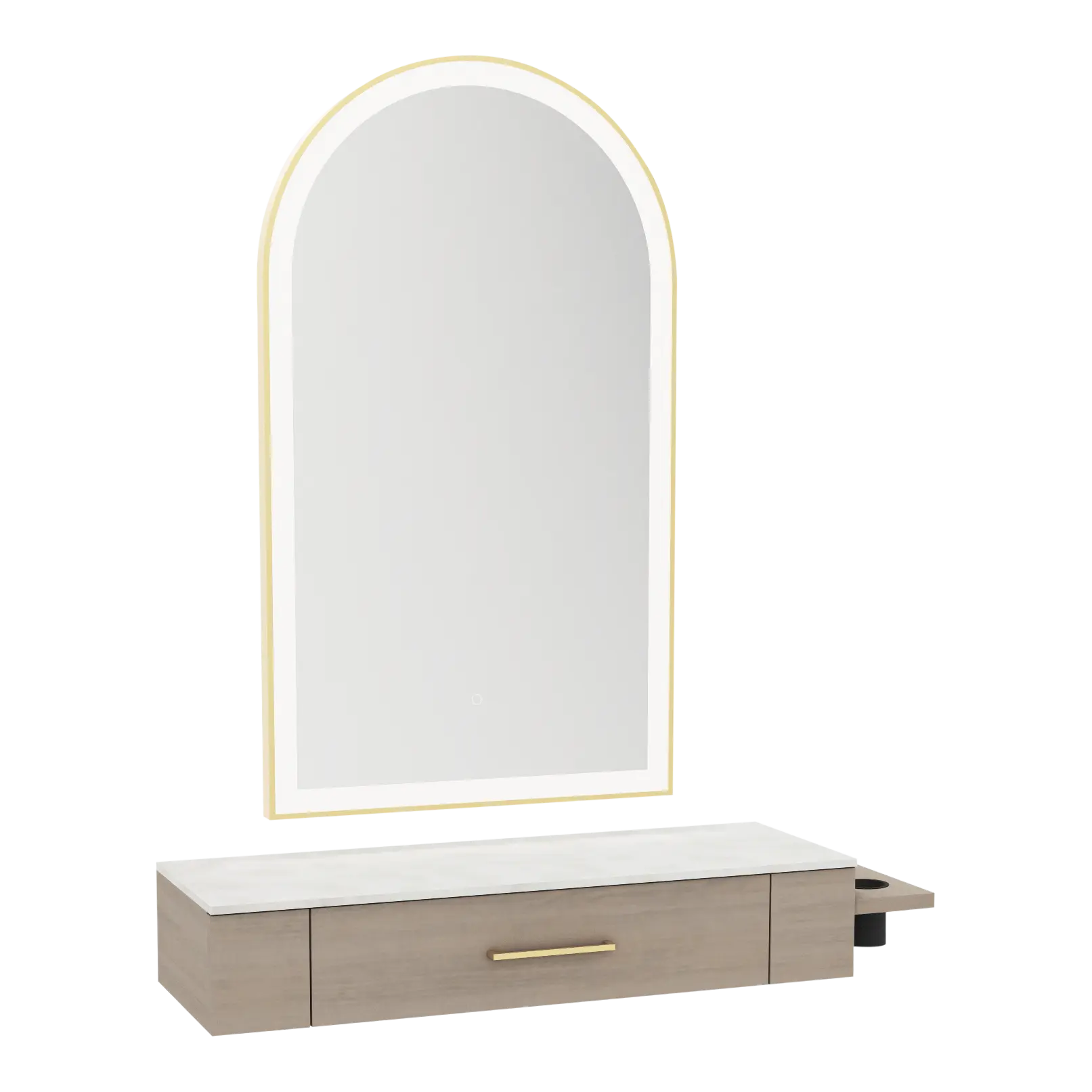 Nova Wall Mount Styling Station with Side-Mount Appliance Holder, Solid Surface Countertop and Gold Paloma Arch Mirror