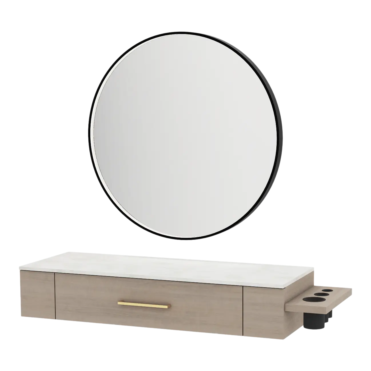 Nova Wall Mount Styling Station with Side-Mount Appliance Holder, Solid Surface Countertop, and Black Round Westin Mirror