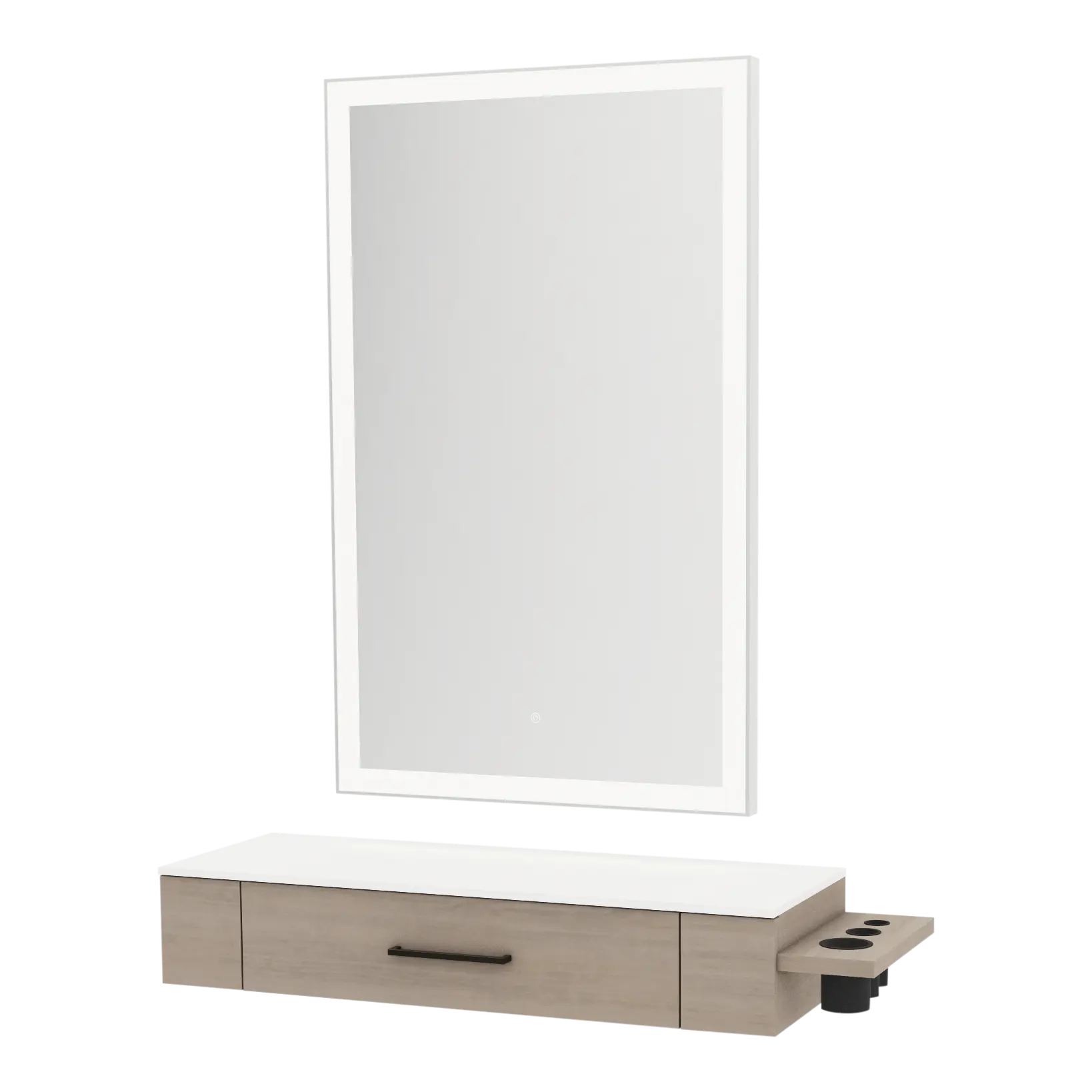 Nova Wall Mount Styling Station with Side-Mount Appliance Holder, Solid Surface Countertop and Silver Rectangle Glo Mirror