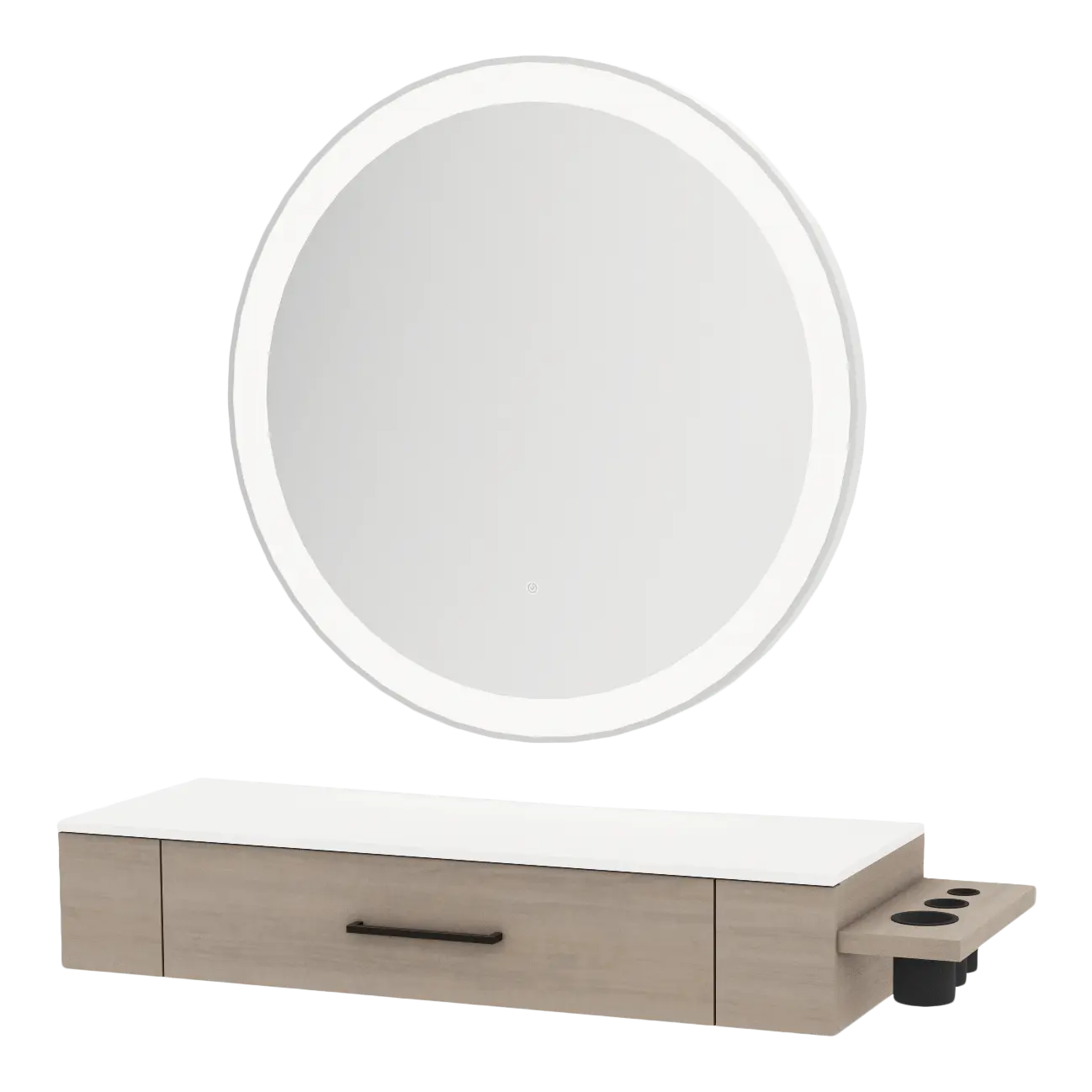 Nova Wall Mount Styling Station with Side-Mount Appliance Holder, Solid Surface Countertop, and Silver Round Glo Mirror