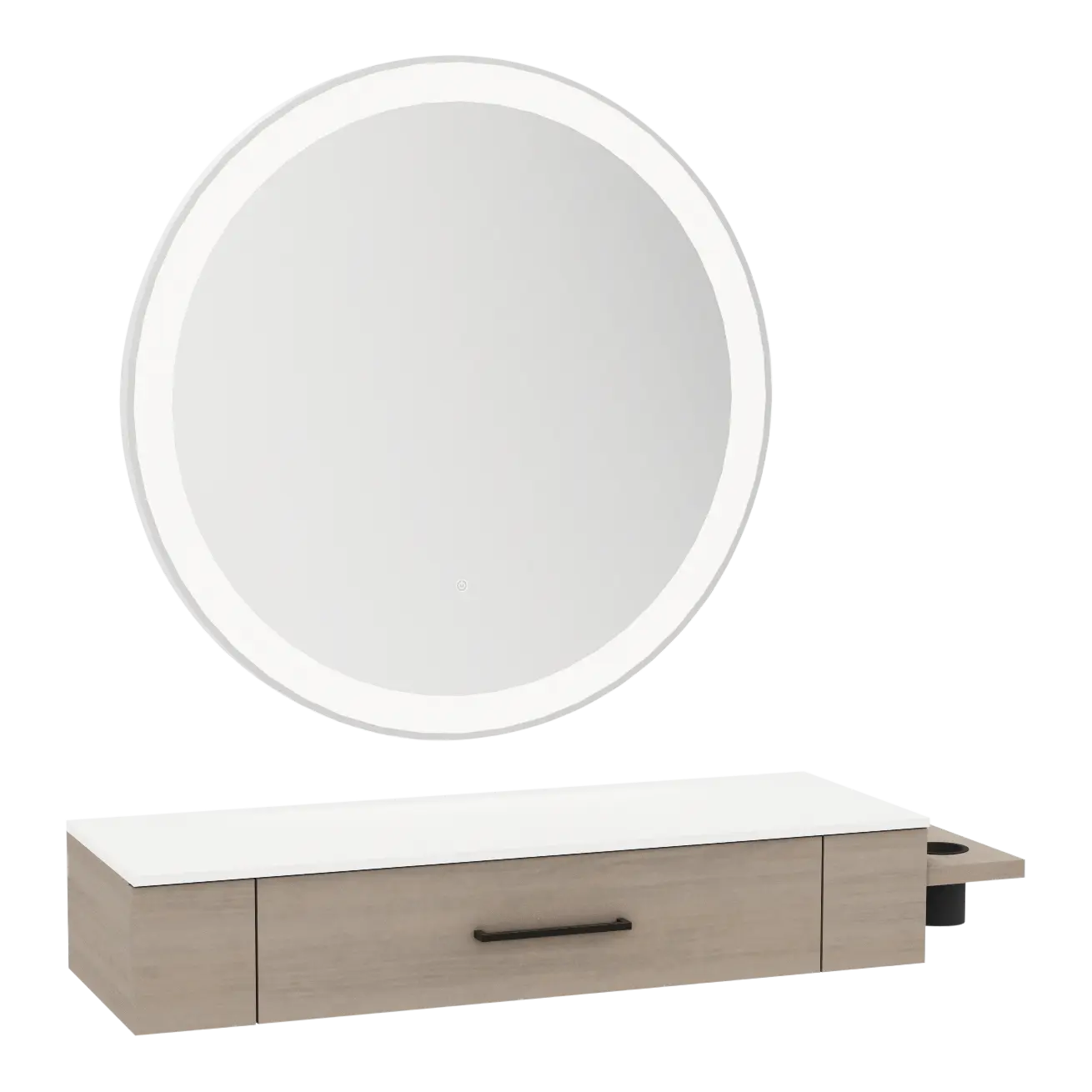 Nova Wall Mount Styling Station with Side-Mount Appliance Holder, Solid Surface Countertop, and Silver Round Glo Mirror