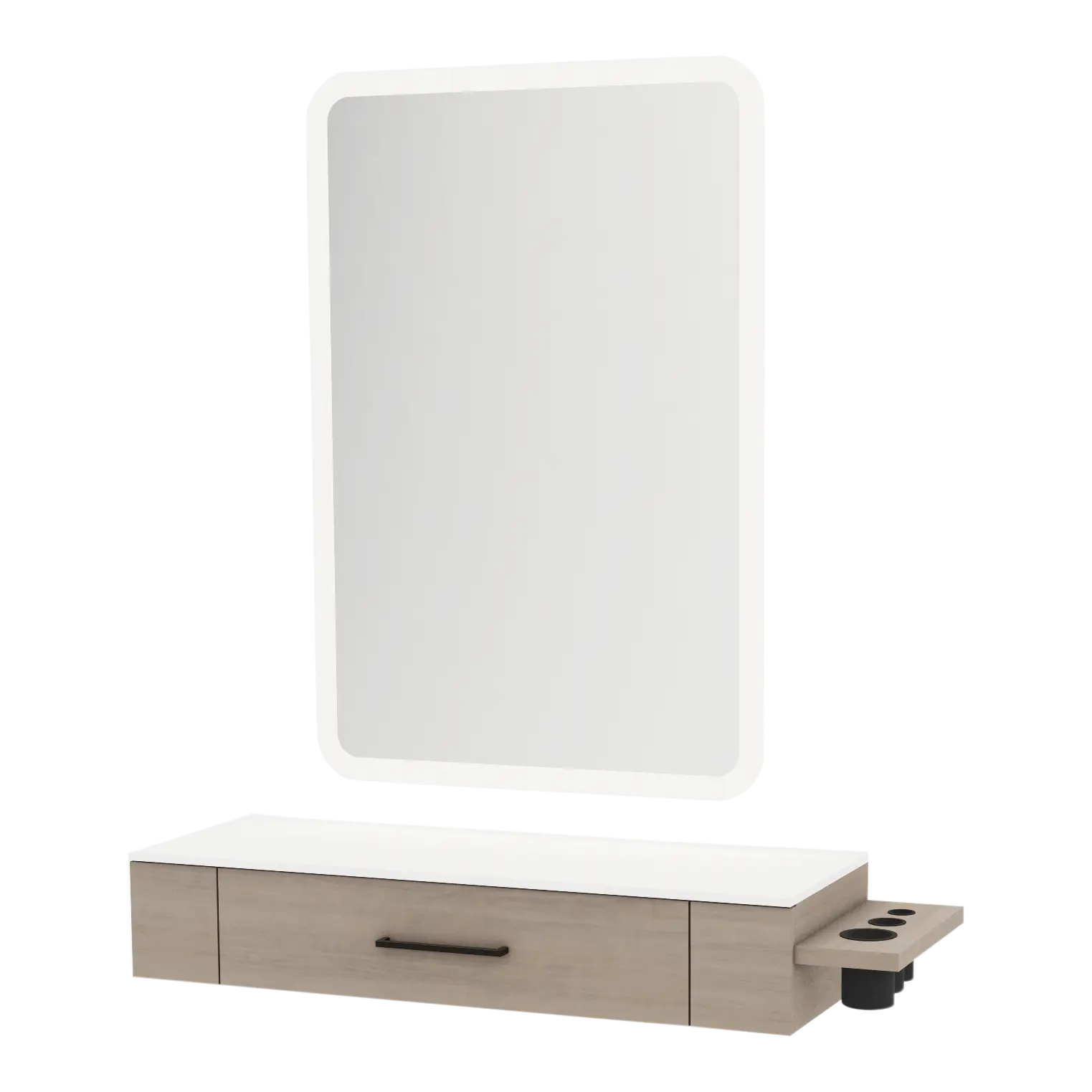 Nova Wall Mount Styling Station with Side-Mount Appliance Holder, Solid Surface Countertop and Illuminate LED Mirror