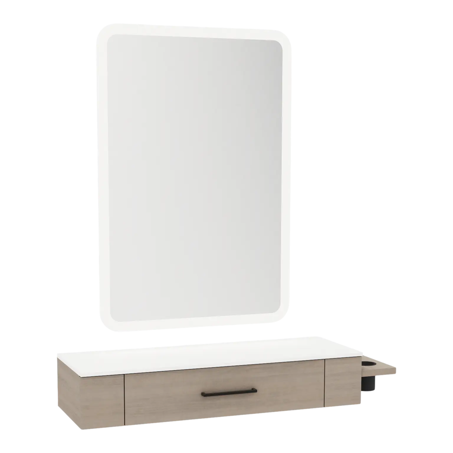 Nova Wall Mount Styling Station with Side-Mount Appliance Holder, Solid Surface Countertop and Illuminate LED Mirror