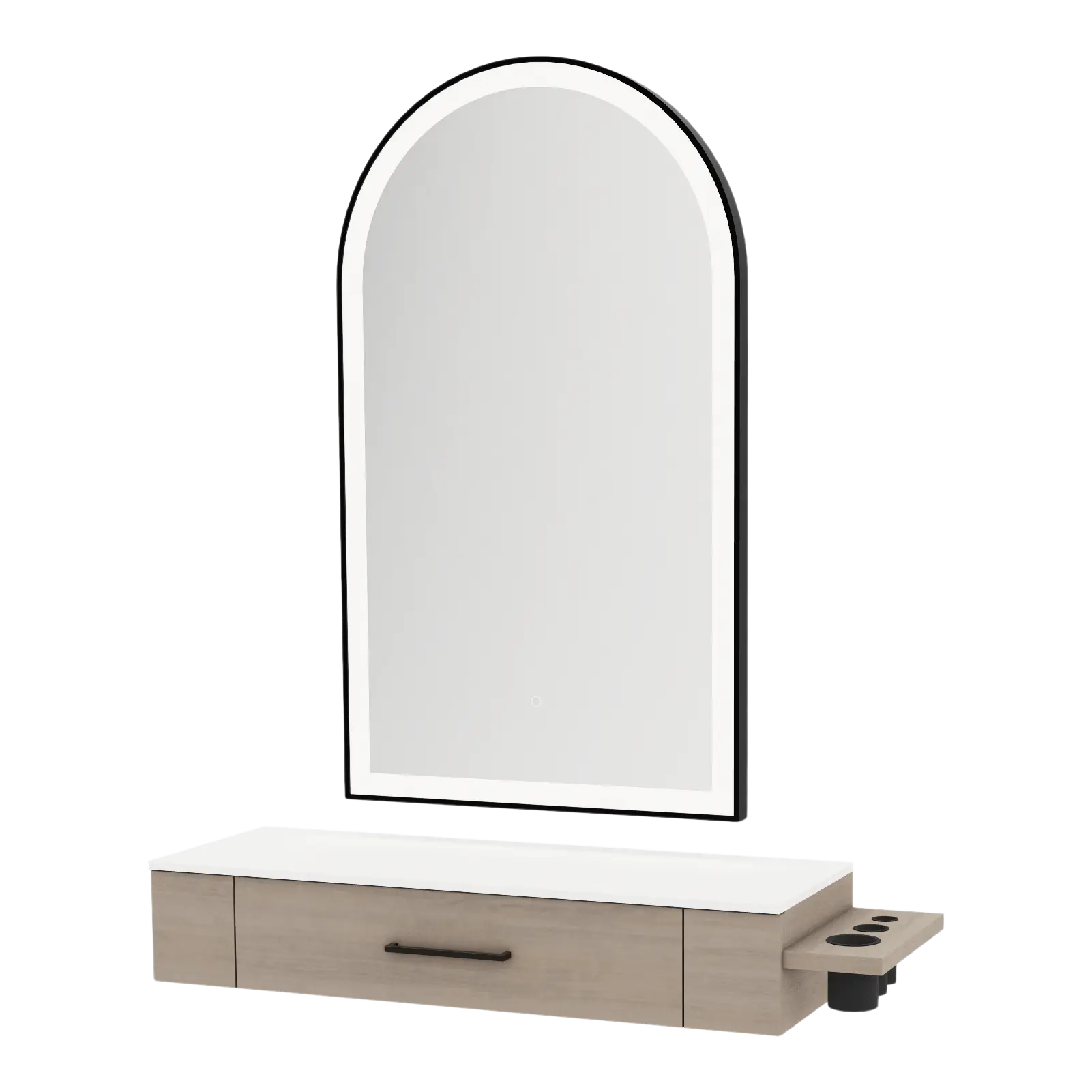 Nova Wall Mount Styling Station with Side-Mount Appliance Holder, Solid Surface Countertop, and Black Arch Paloma Mirror