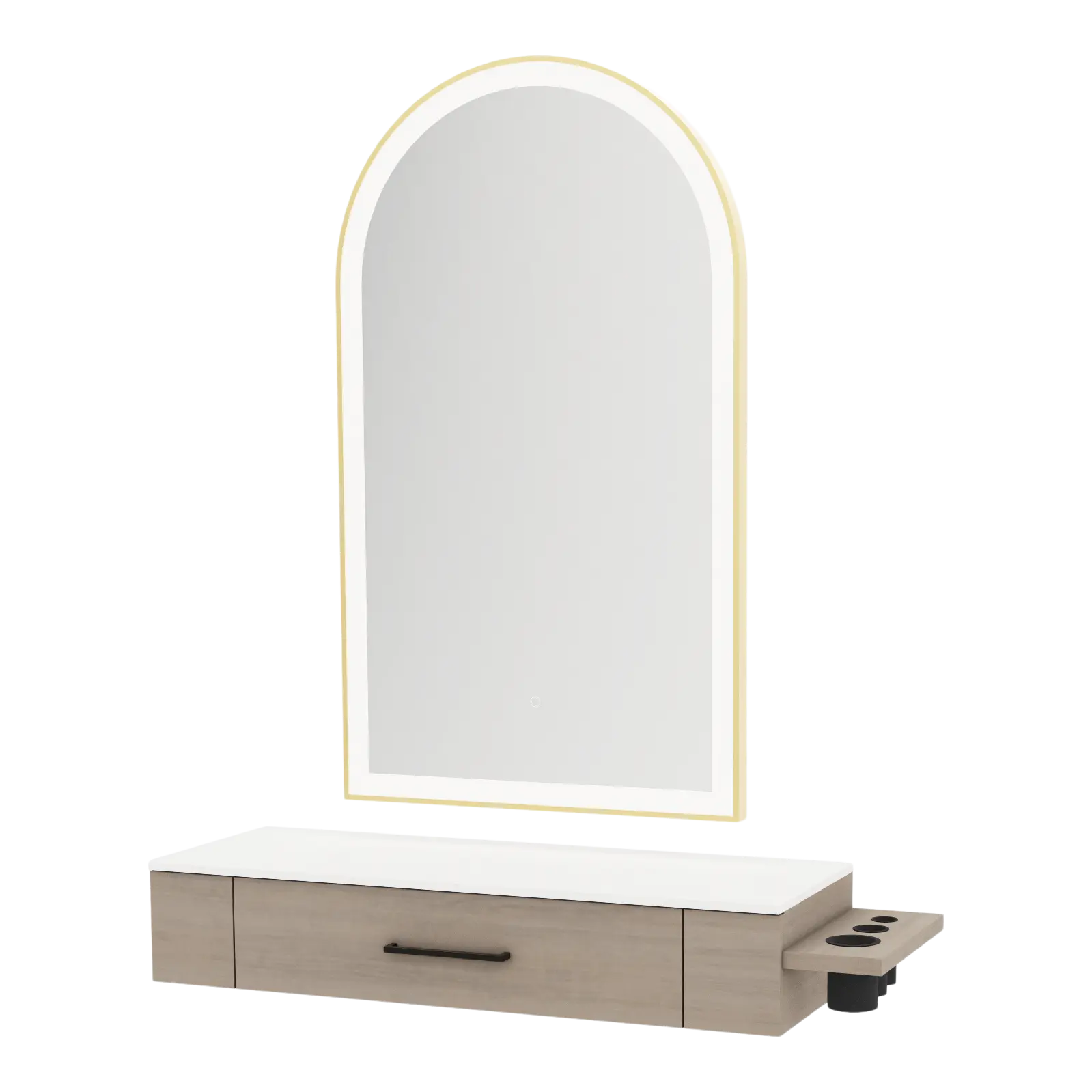 Nova Wall Mount Styling Station with Side-Mount Appliance Holder, Solid Surface Countertop and Gold Paloma Arch Mirror