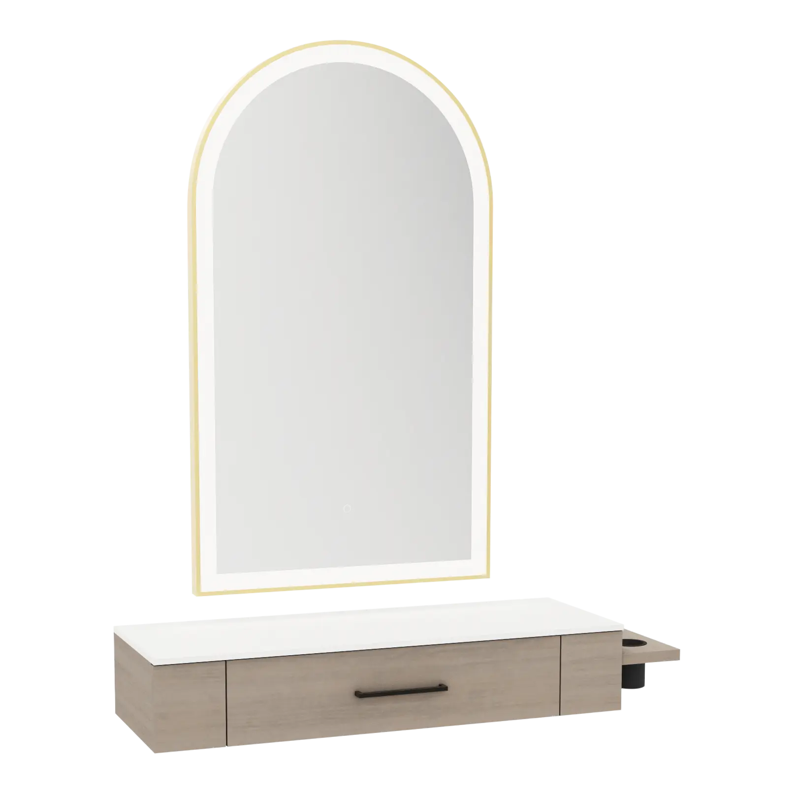 Nova Wall Mount Styling Station with Side-Mount Appliance Holder, Solid Surface Countertop and Gold Paloma Arch Mirror