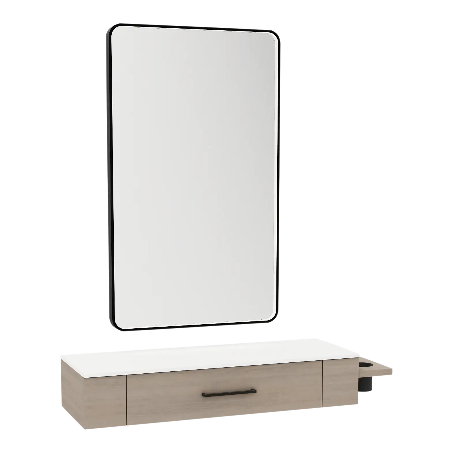 Nova Wall Mount Styling Station with Side-Mount Appliance Holder, Solid Surface Countertop, and Black Rectangle Westin Mirror