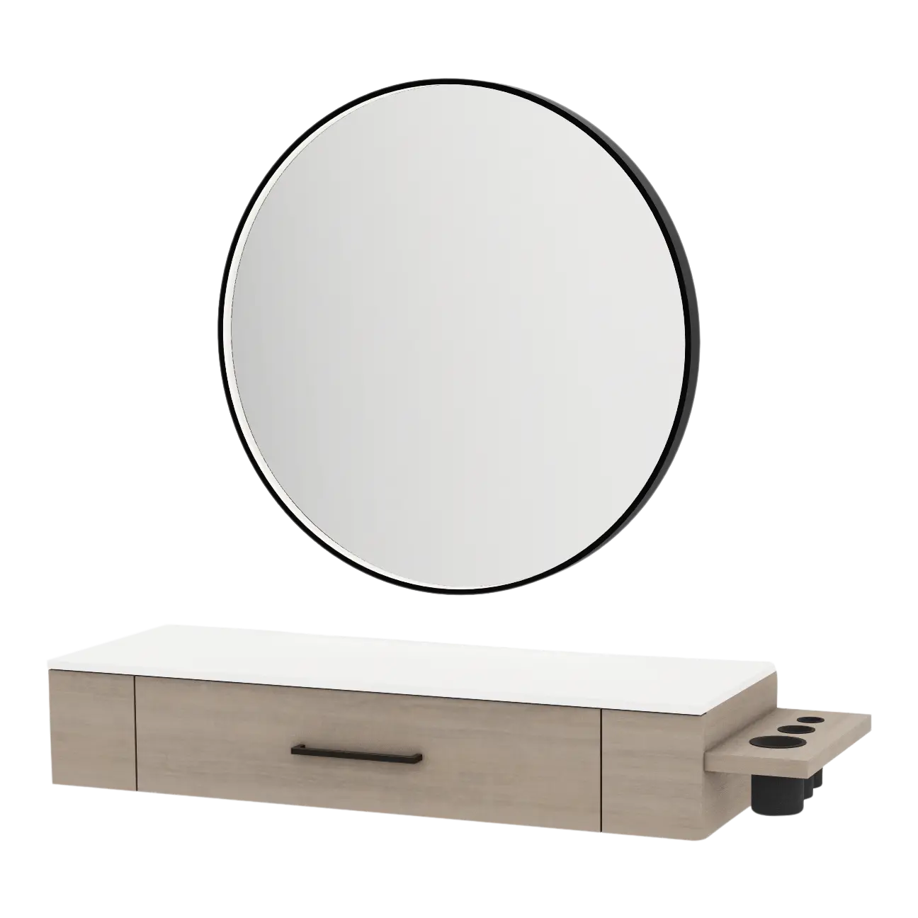 Nova Wall Mount Styling Station with Side-Mount Appliance Holder, Solid Surface Countertop, and Black Round Westin Mirror