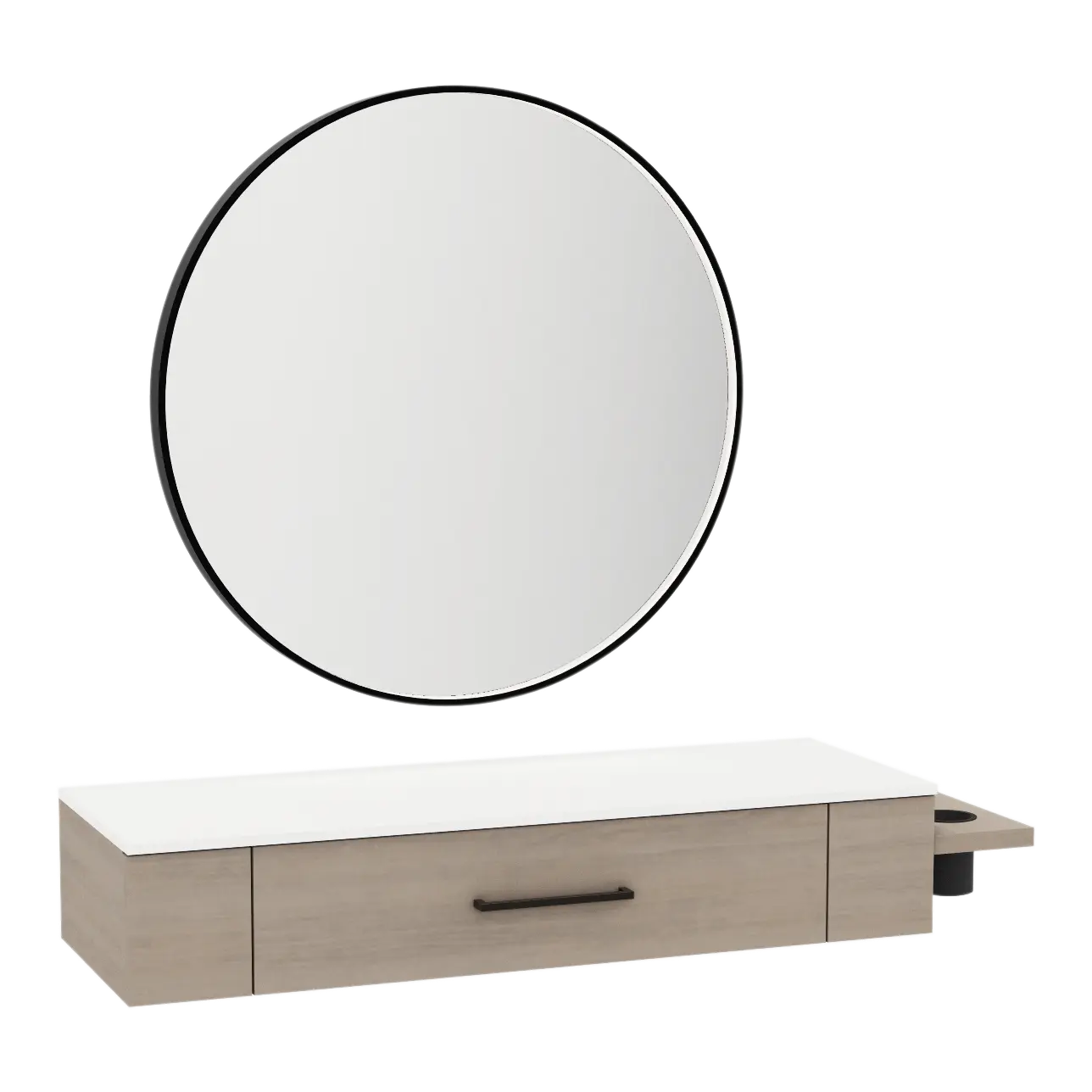 Nova Wall Mount Styling Station with Side-Mount Appliance Holder, Solid Surface Countertop, and Black Round Westin Mirror