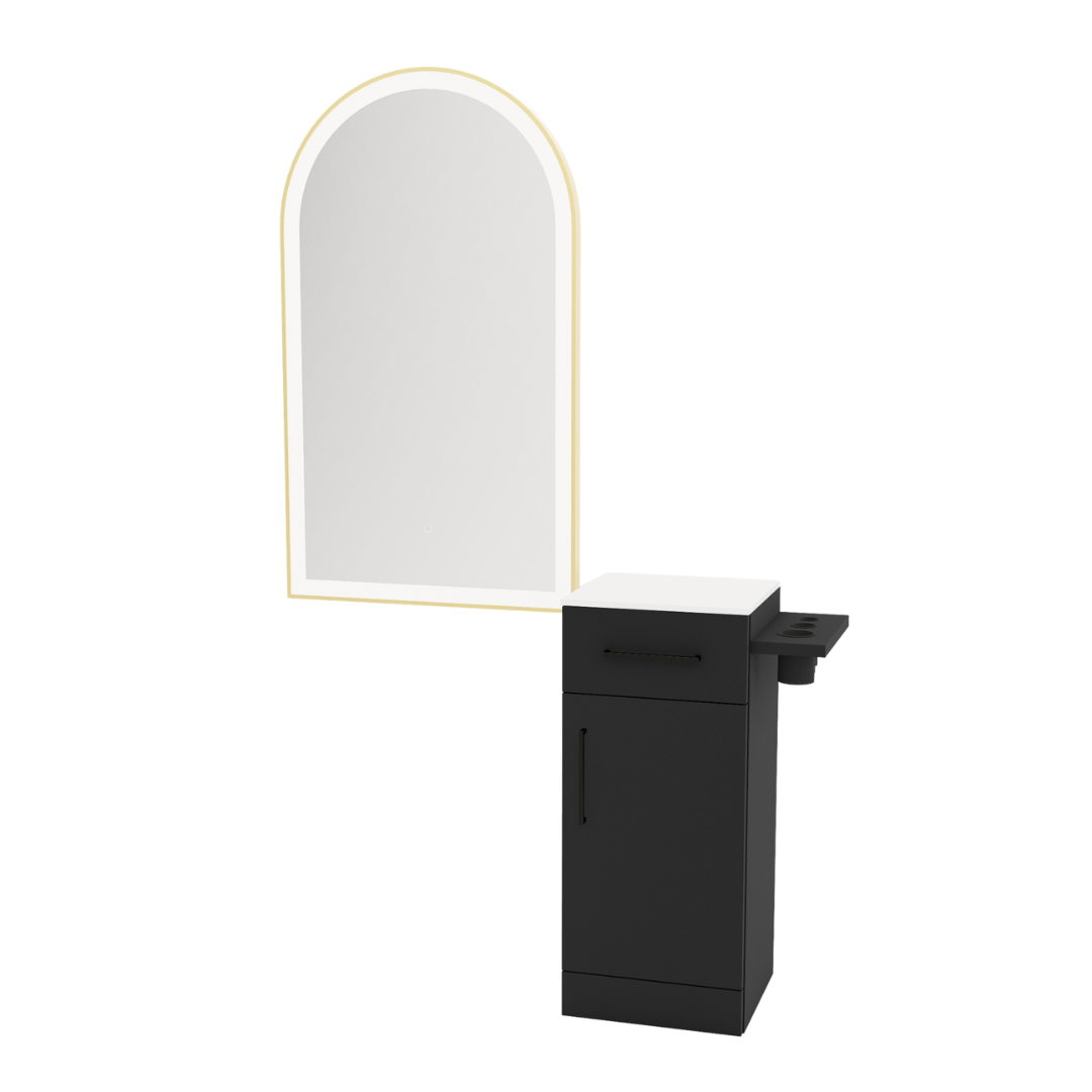 Nova Tower Free Standing Styling Station with Side-Mount Appliance Holder, Solid Surface Countertop, and Gold Arch Paloma Mirror