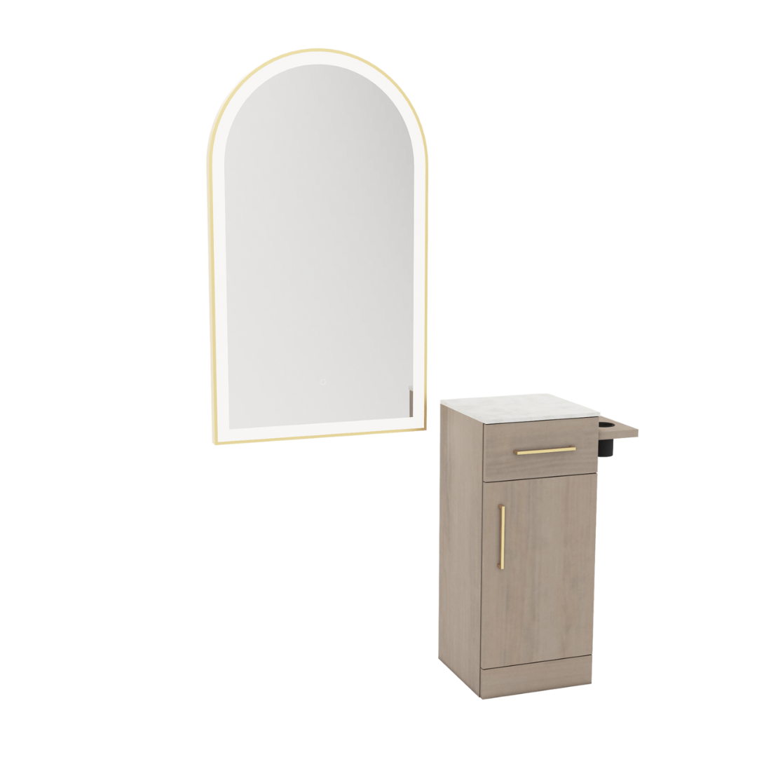 Nova Tower Free Standing Styling Station with Side-Mount Appliance Holder, Solid Surface Countertop, and Gold Arch Paloma Mirror