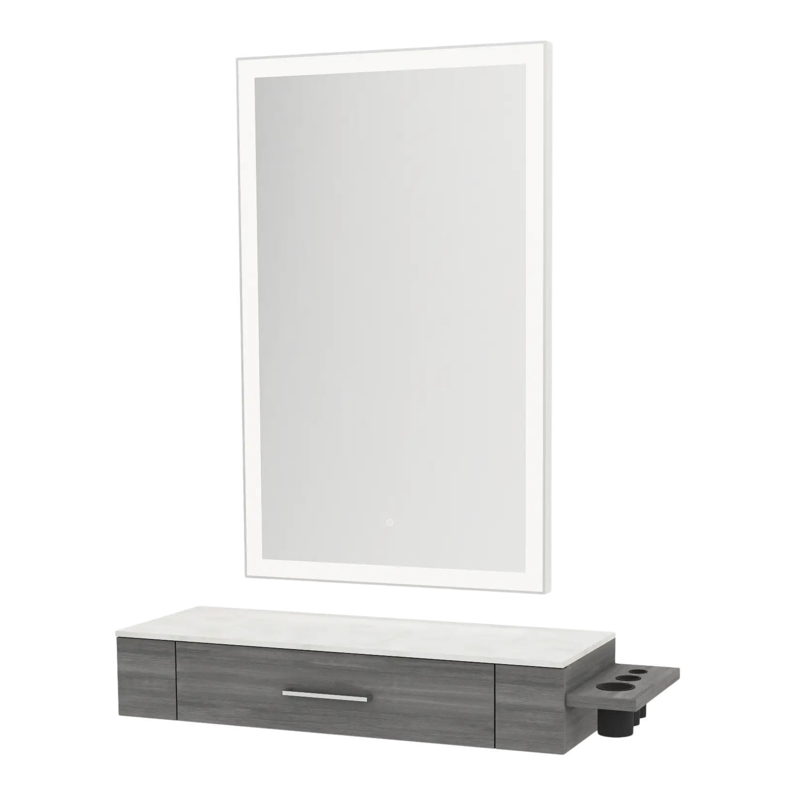 Nova Wall Mount Styling Station with Side-Mount Appliance Holder, Solid Surface Countertop and Silver Rectangle Glo Mirror