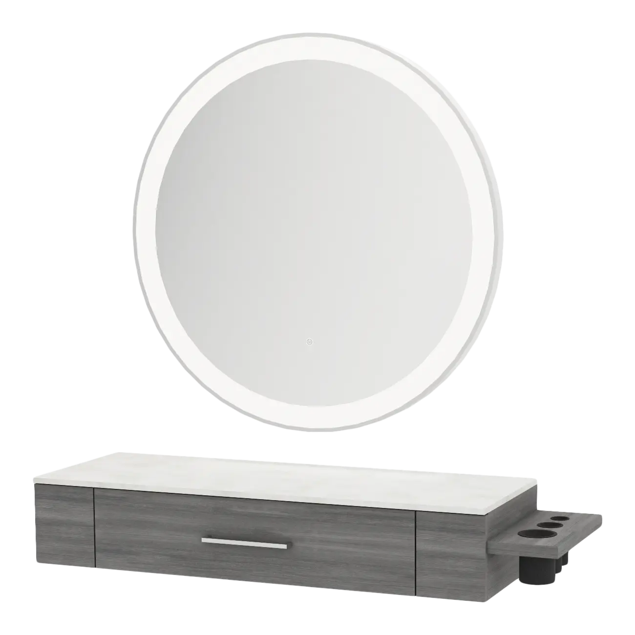 Nova Wall Mount Styling Station with Side-Mount Appliance Holder, Solid Surface Countertop, and Silver Round Glo Mirror