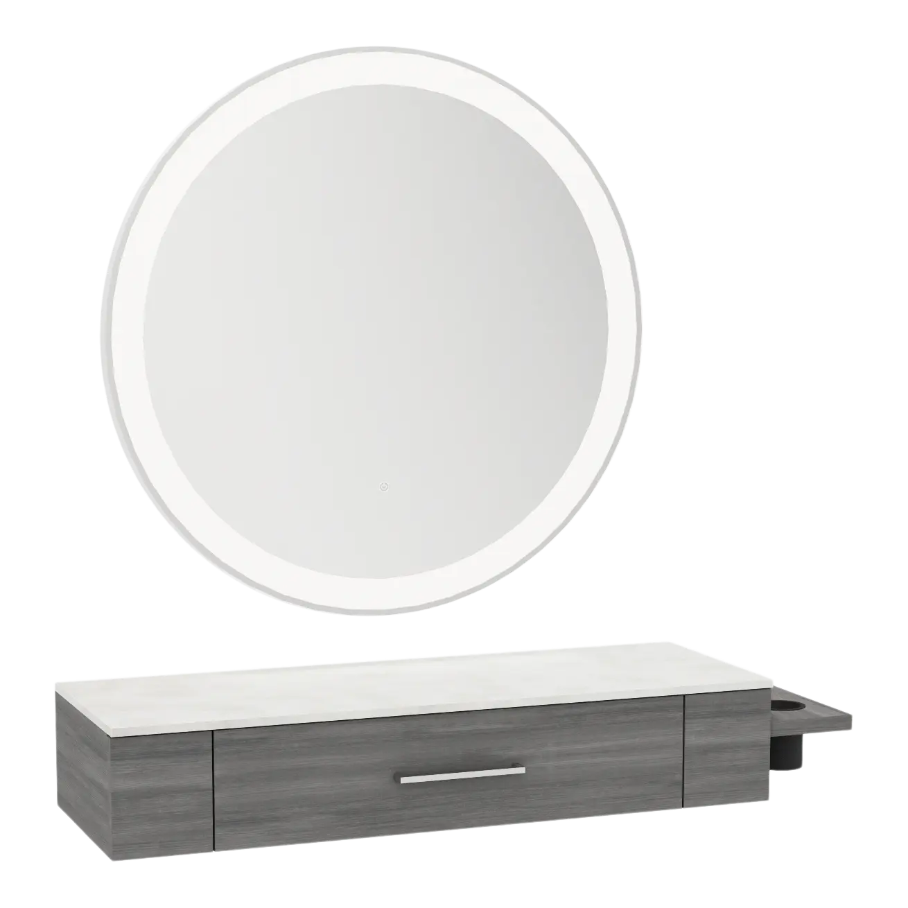 Nova Wall Mount Styling Station with Side-Mount Appliance Holder, Solid Surface Countertop, and Silver Round Glo Mirror