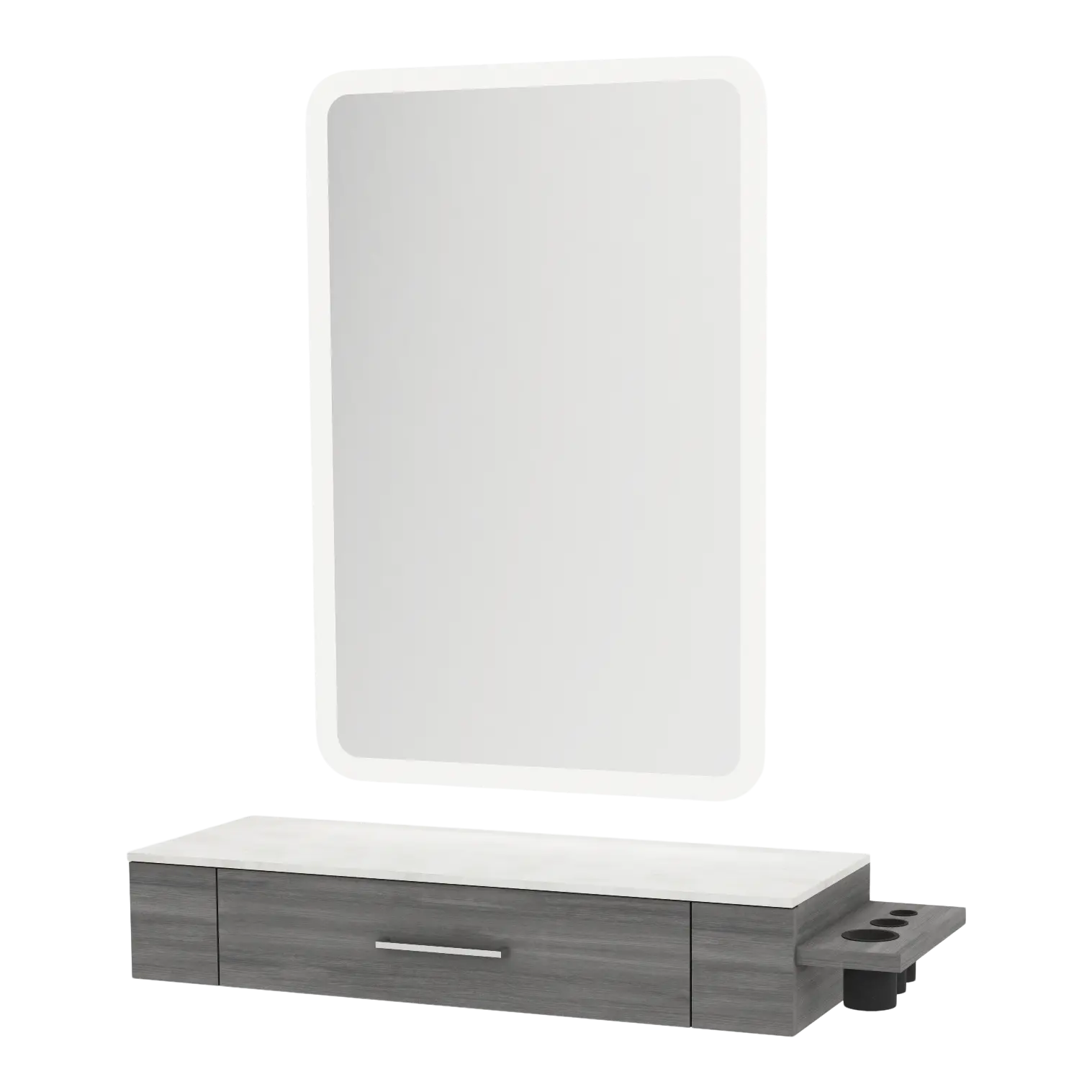 Nova Wall Mount Styling Station with Side-Mount Appliance Holder, Solid Surface Countertop and Illuminate LED Mirror