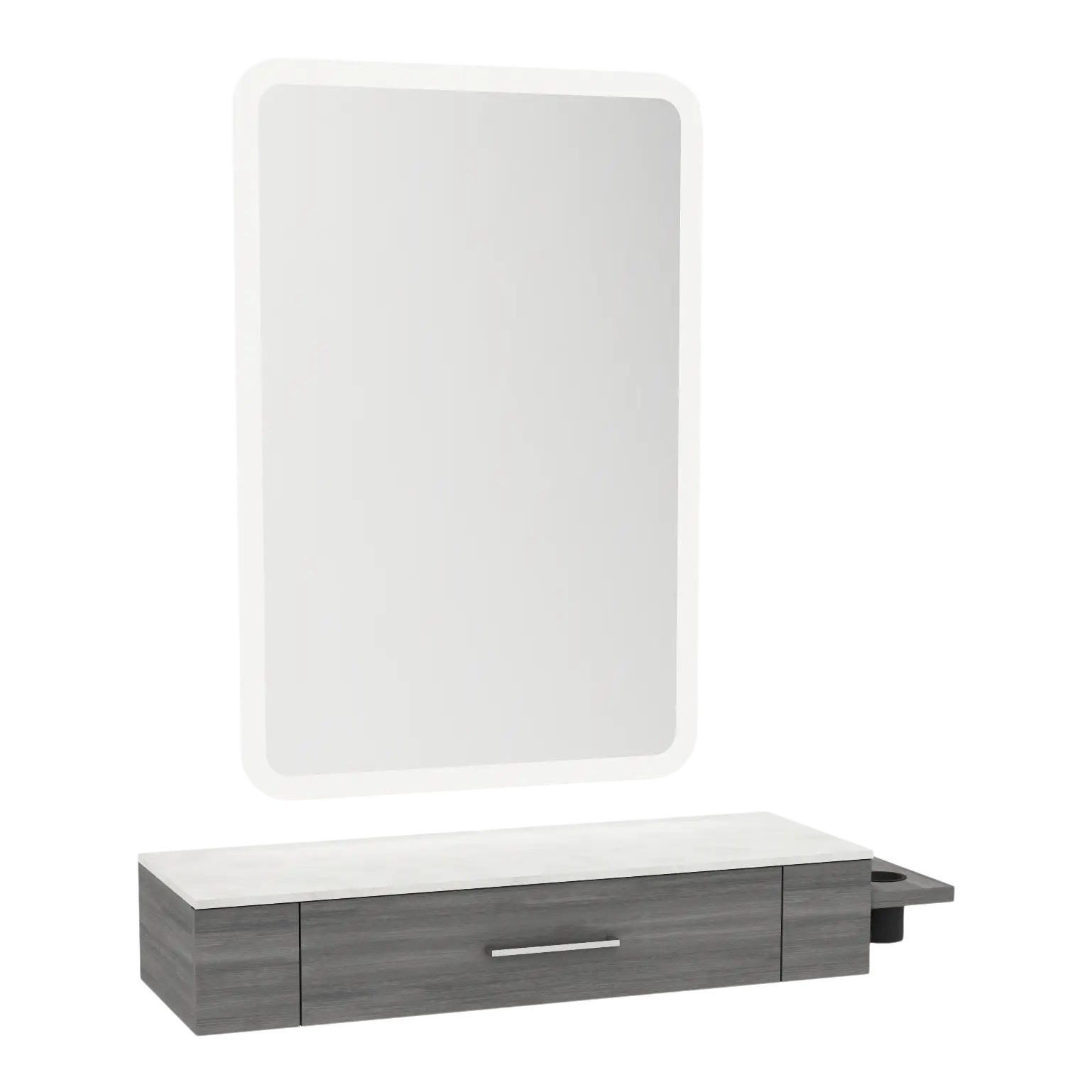 Nova Wall Mount Styling Station with Side-Mount Appliance Holder, Solid Surface Countertop and Illuminate LED Mirror