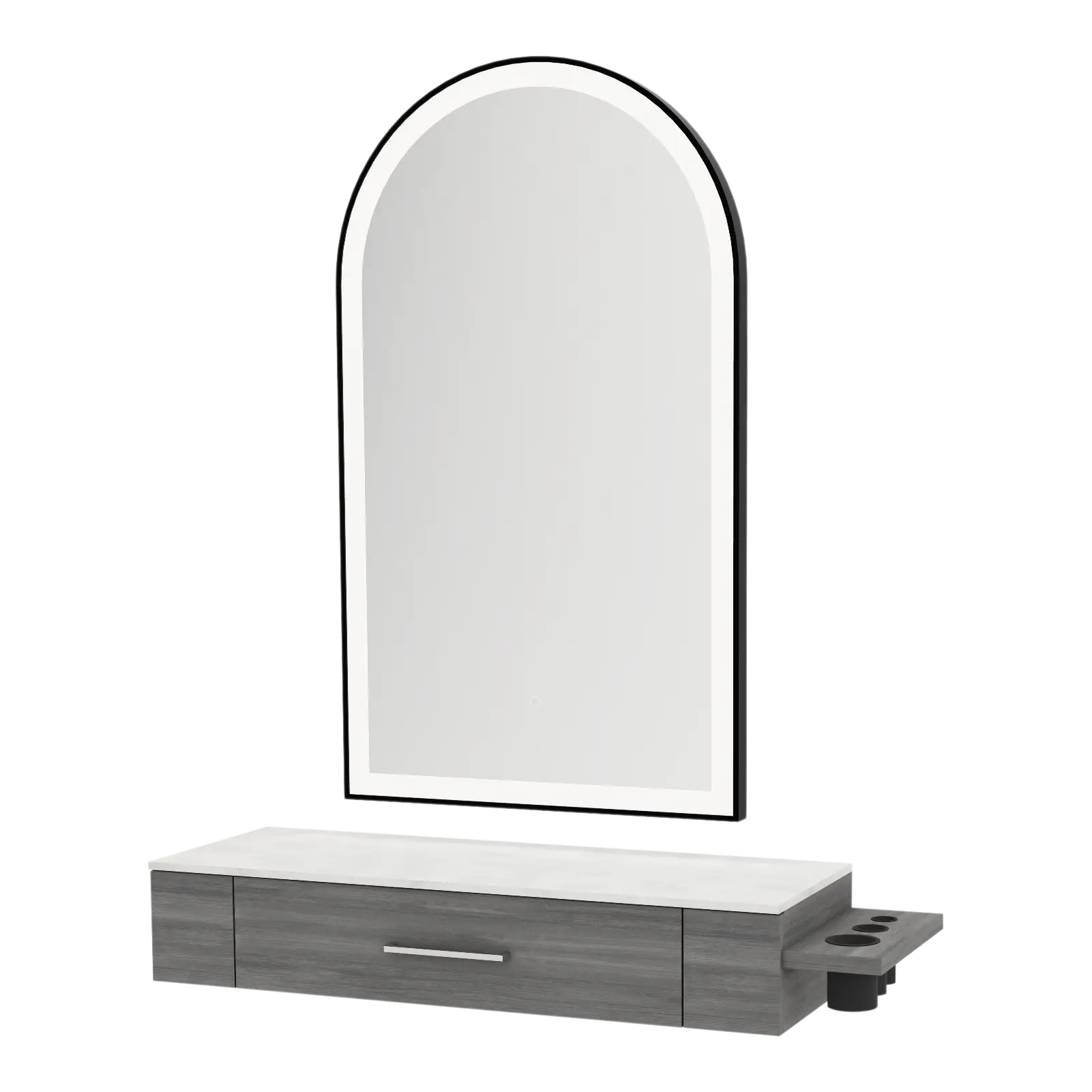 Nova Wall Mount Styling Station with Side-Mount Appliance Holder, Solid Surface Countertop, and Black Arch Paloma Mirror