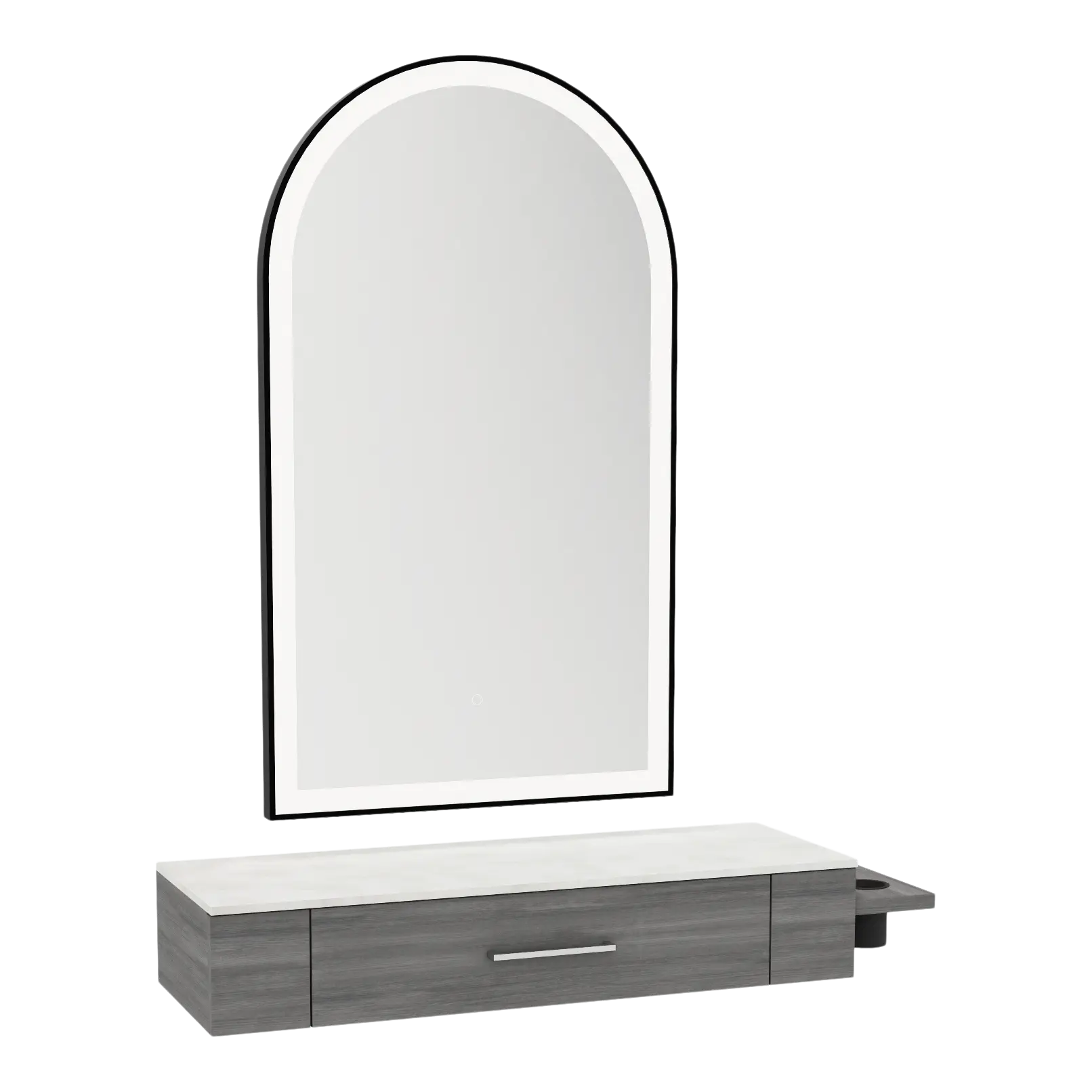 Nova Wall Mount Styling Station with Side-Mount Appliance Holder, Solid Surface Countertop, and Black Arch Paloma Mirror