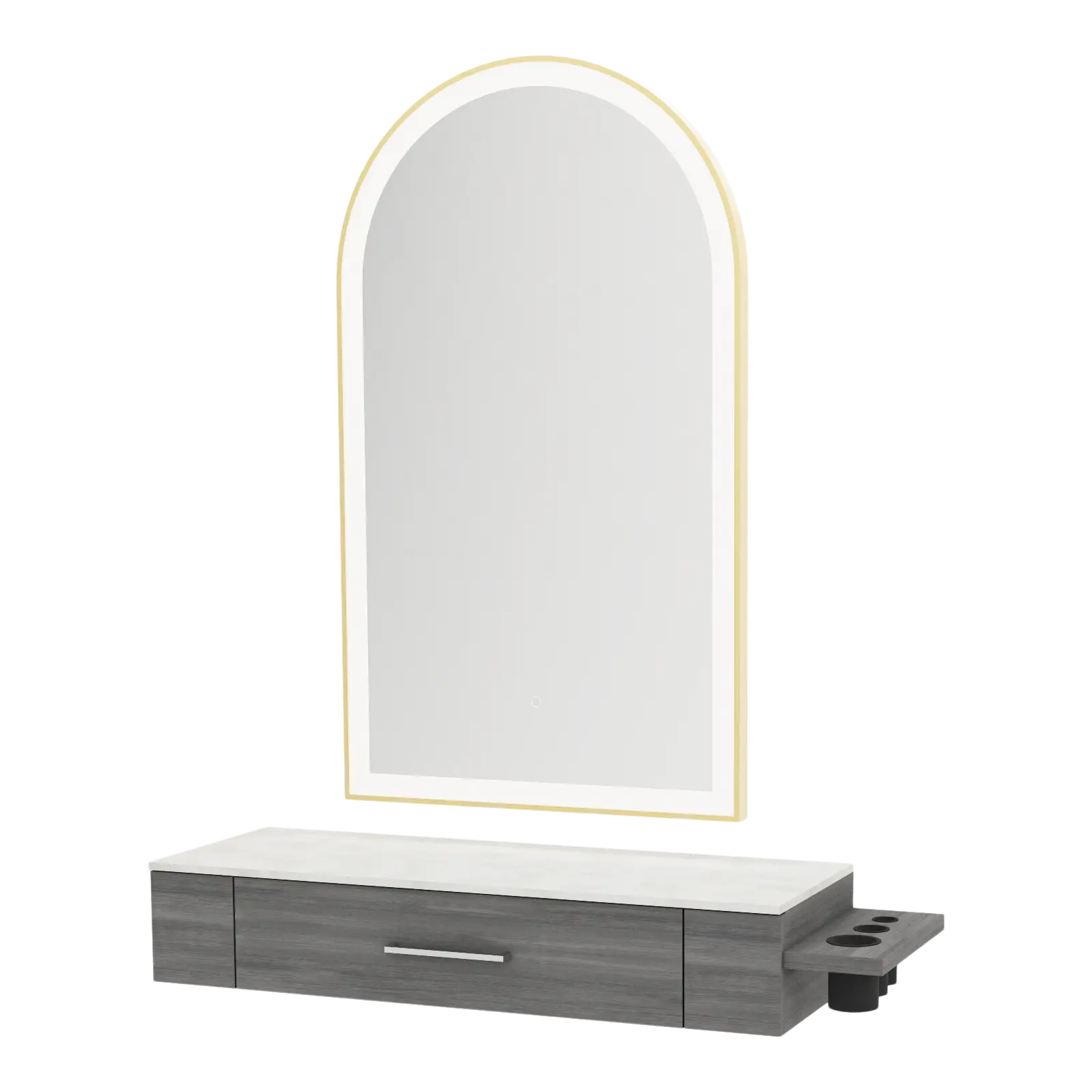 Nova Wall Mount Styling Station with Side-Mount Appliance Holder, Solid Surface Countertop and Gold Paloma Arch Mirror