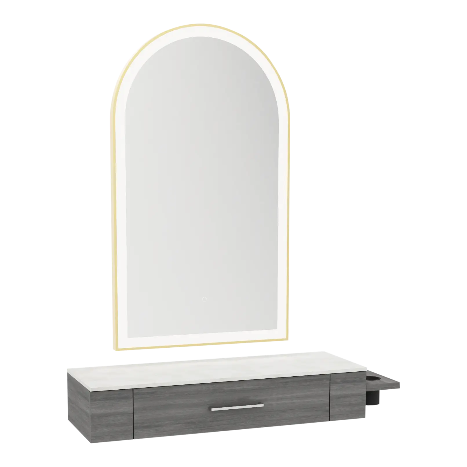 Nova Wall Mount Styling Station with Side-Mount Appliance Holder, Solid Surface Countertop and Gold Paloma Arch Mirror