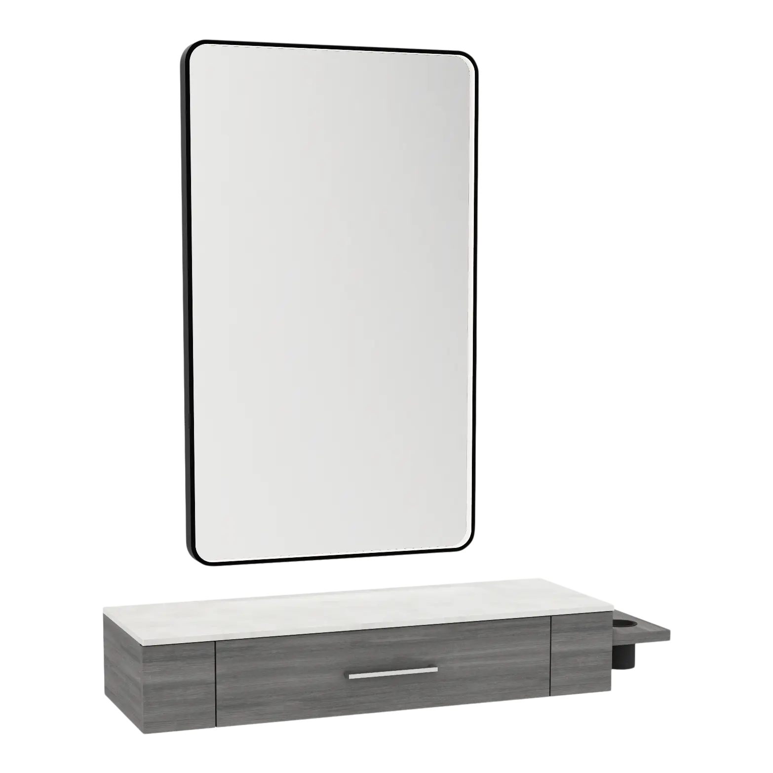 Nova Wall Mount Styling Station with Side-Mount Appliance Holder, Solid Surface Countertop, and Black Rectangle Westin Mirror