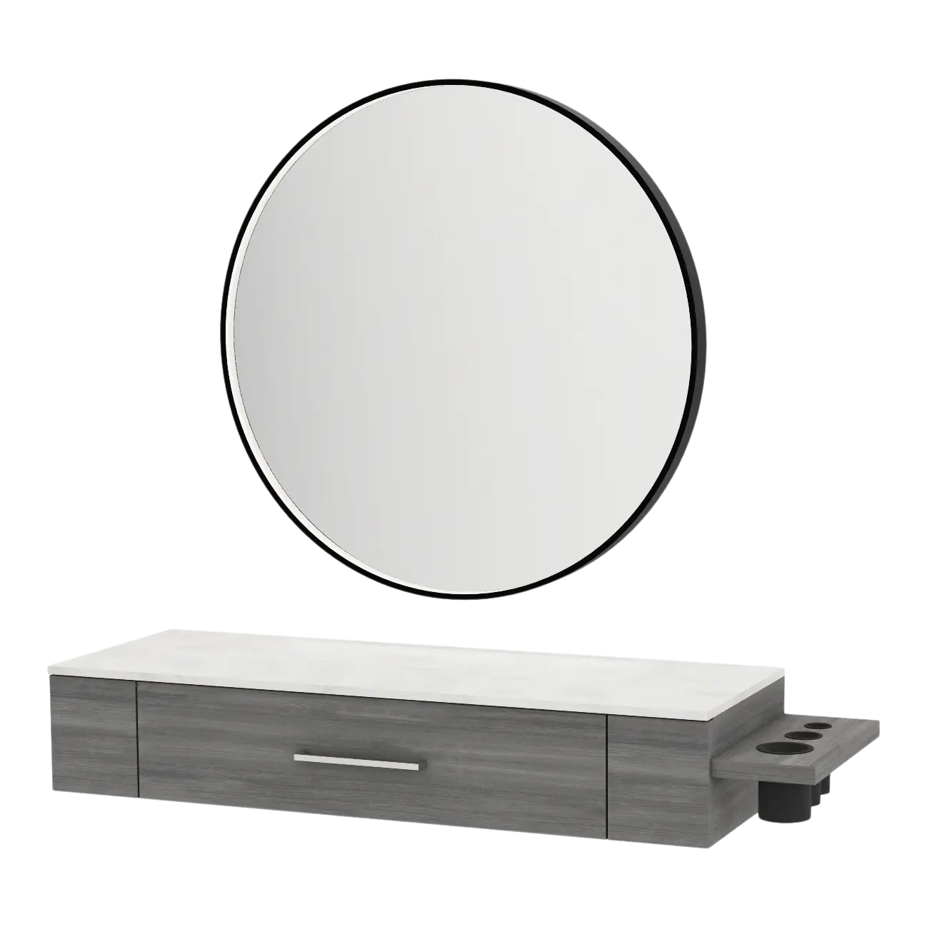 Nova Wall Mount Styling Station with Side-Mount Appliance Holder, Solid Surface Countertop, and Black Round Westin Mirror