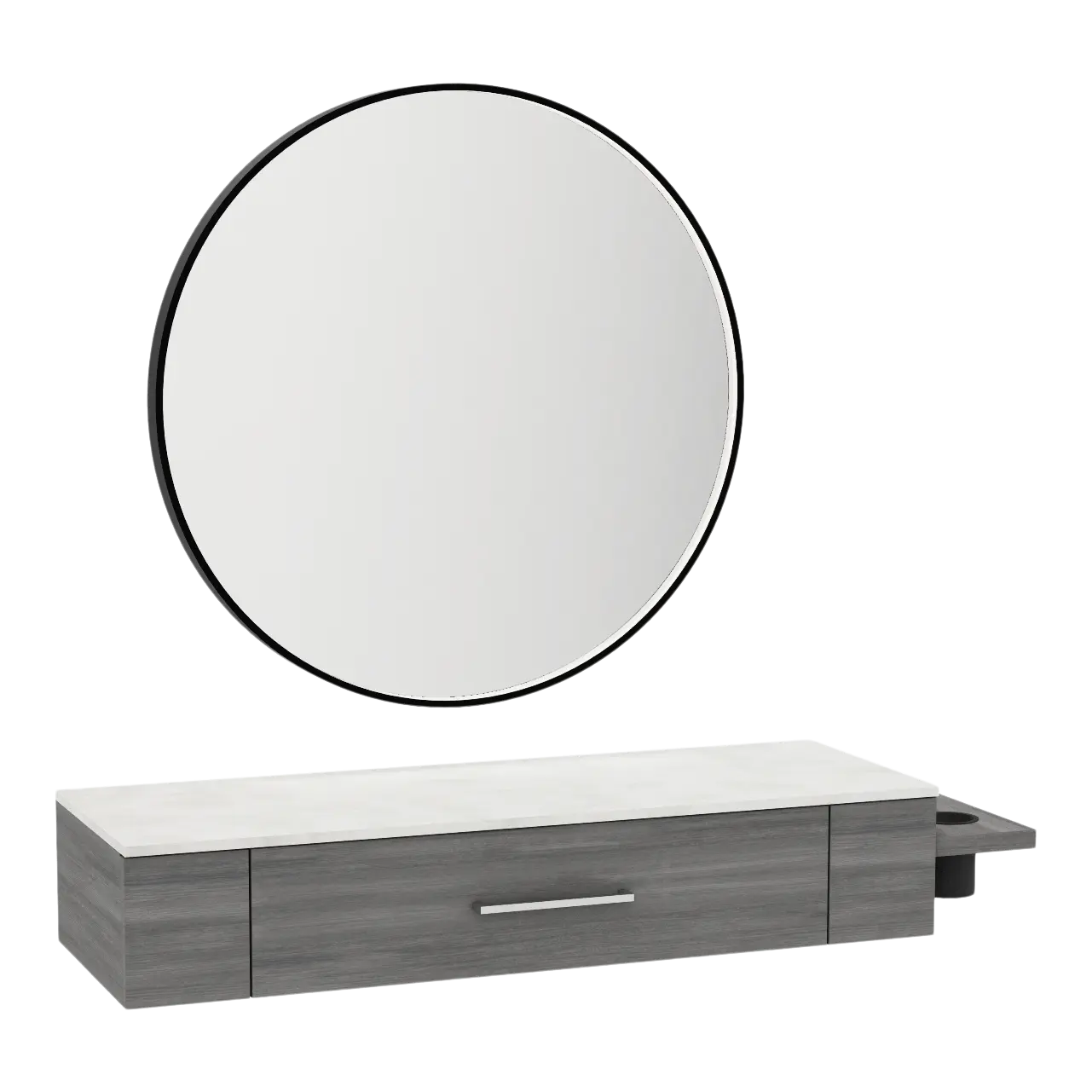 Nova Wall Mount Styling Station with Side-Mount Appliance Holder, Solid Surface Countertop, and Black Round Westin Mirror