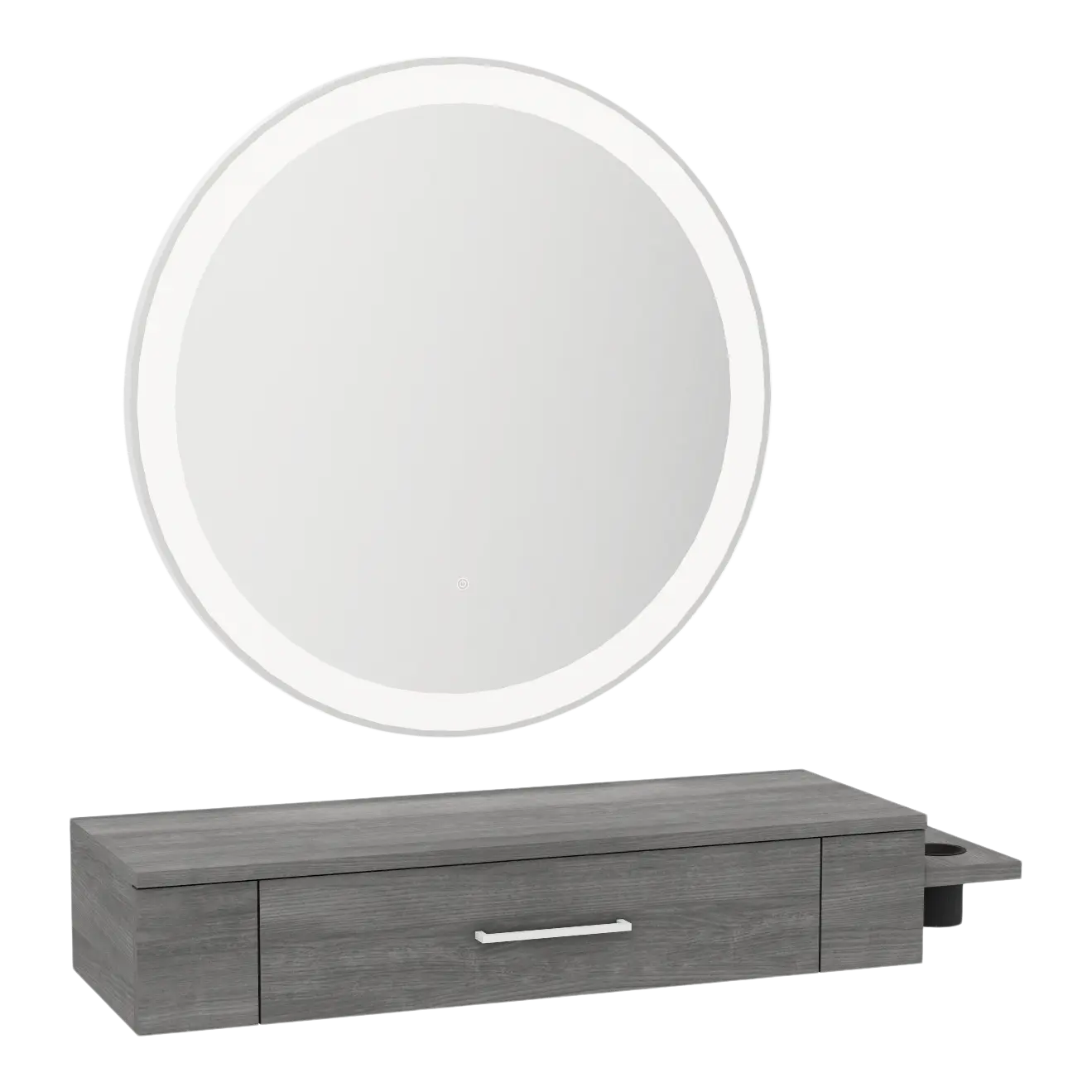 Nova Wall Mount Styling Station with Side-Mount Appliance Holder and Silver Round Glo Mirror