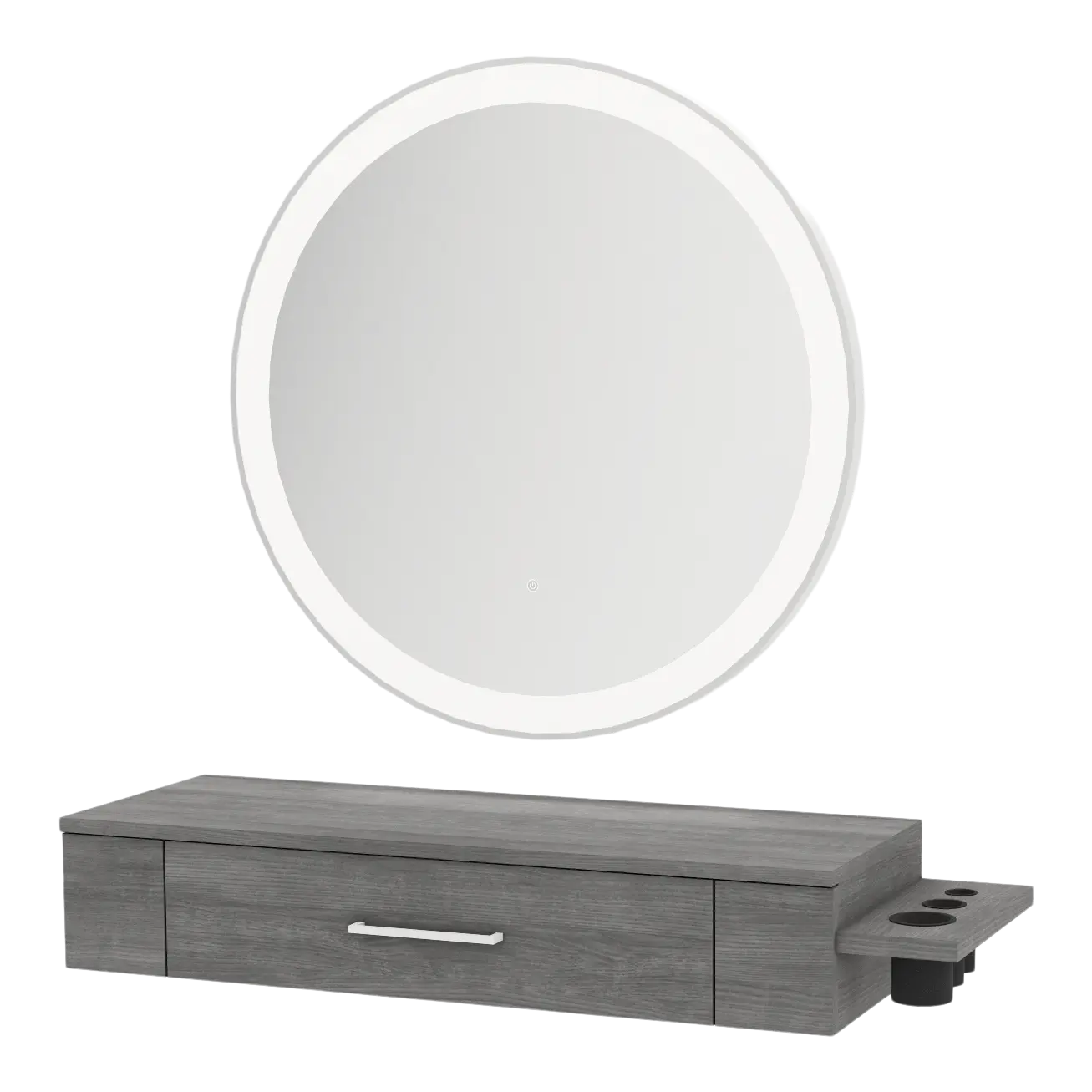 Nova Wall Mount Styling Station with Side-Mount Appliance Holder and Silver Round Glo Mirror