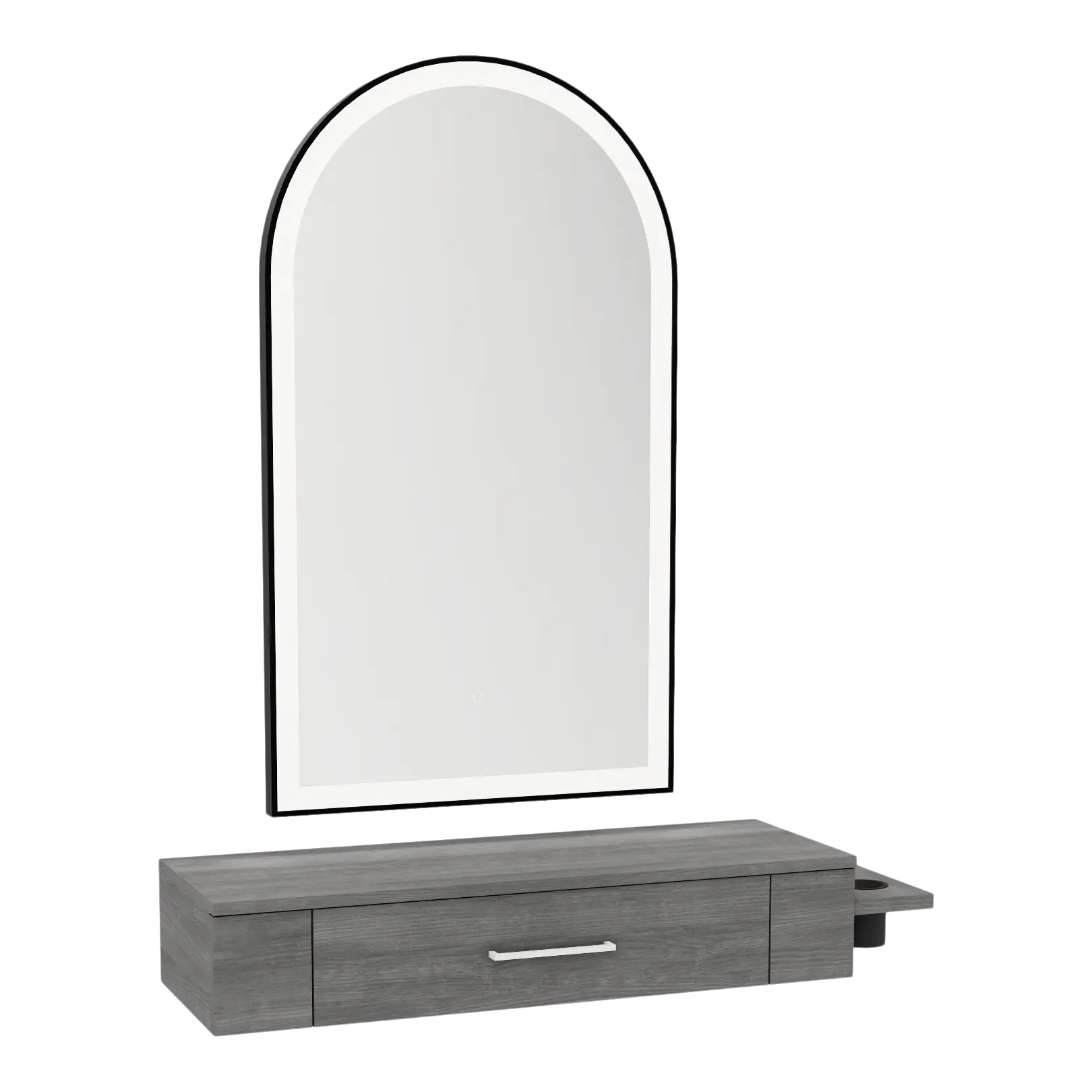 Nova Wall Mount Styling Station with Side-Mount Appliance Holder and Black Paloma Arch Mirror