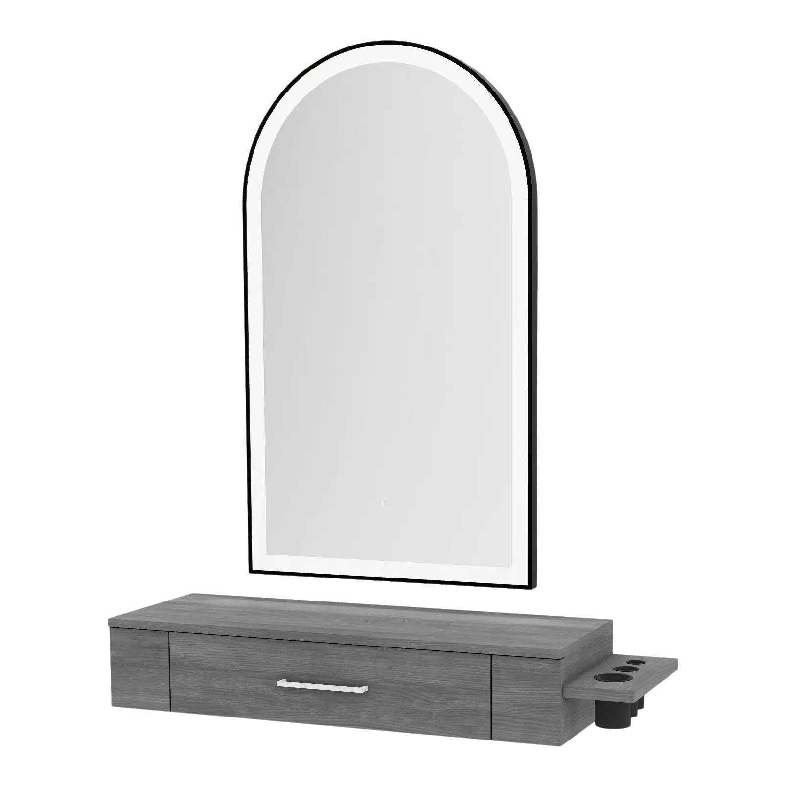 Nova Wall Mount Styling Station with Side-Mount Appliance Holder and Black Paloma Arch Mirror