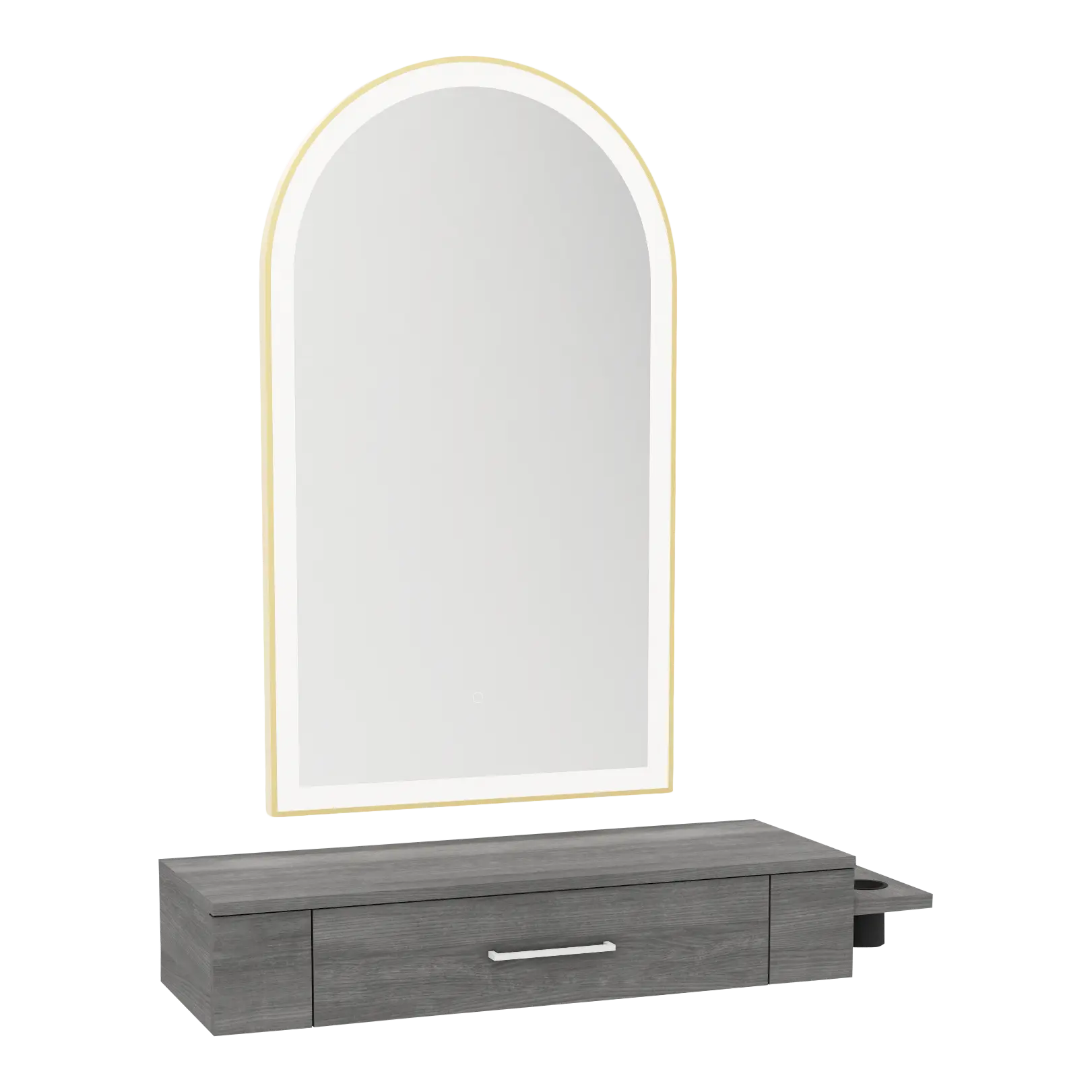 Nova Wall Mount Styling Station with Side-Mount Appliance Holder and Gold Paloma Arch Mirror