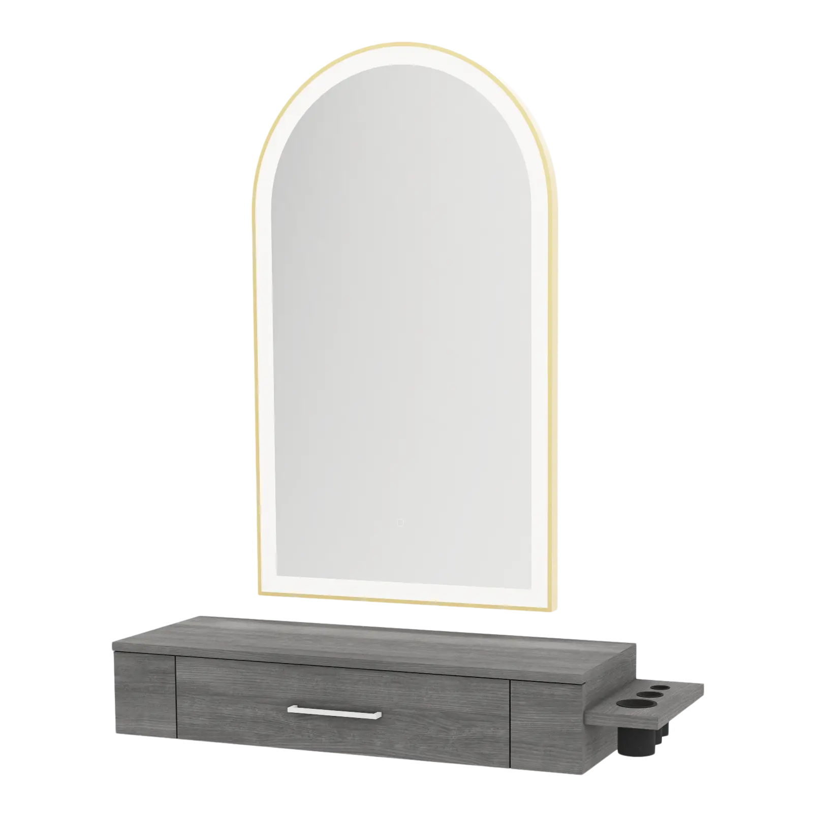 Nova Wall Mount Styling Station with Side-Mount Appliance Holder and Gold Paloma Arch Mirror