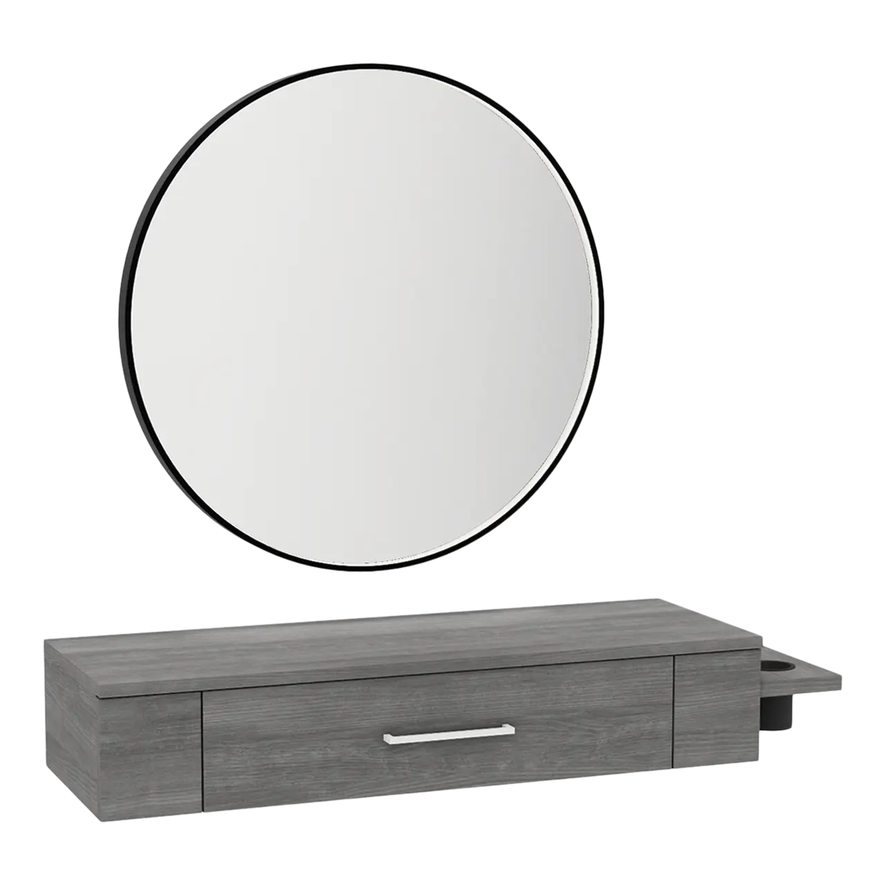 Nova Wall Mount Styling Station with Side-Mount Appliance Holder and Black Round Westin Mirror
