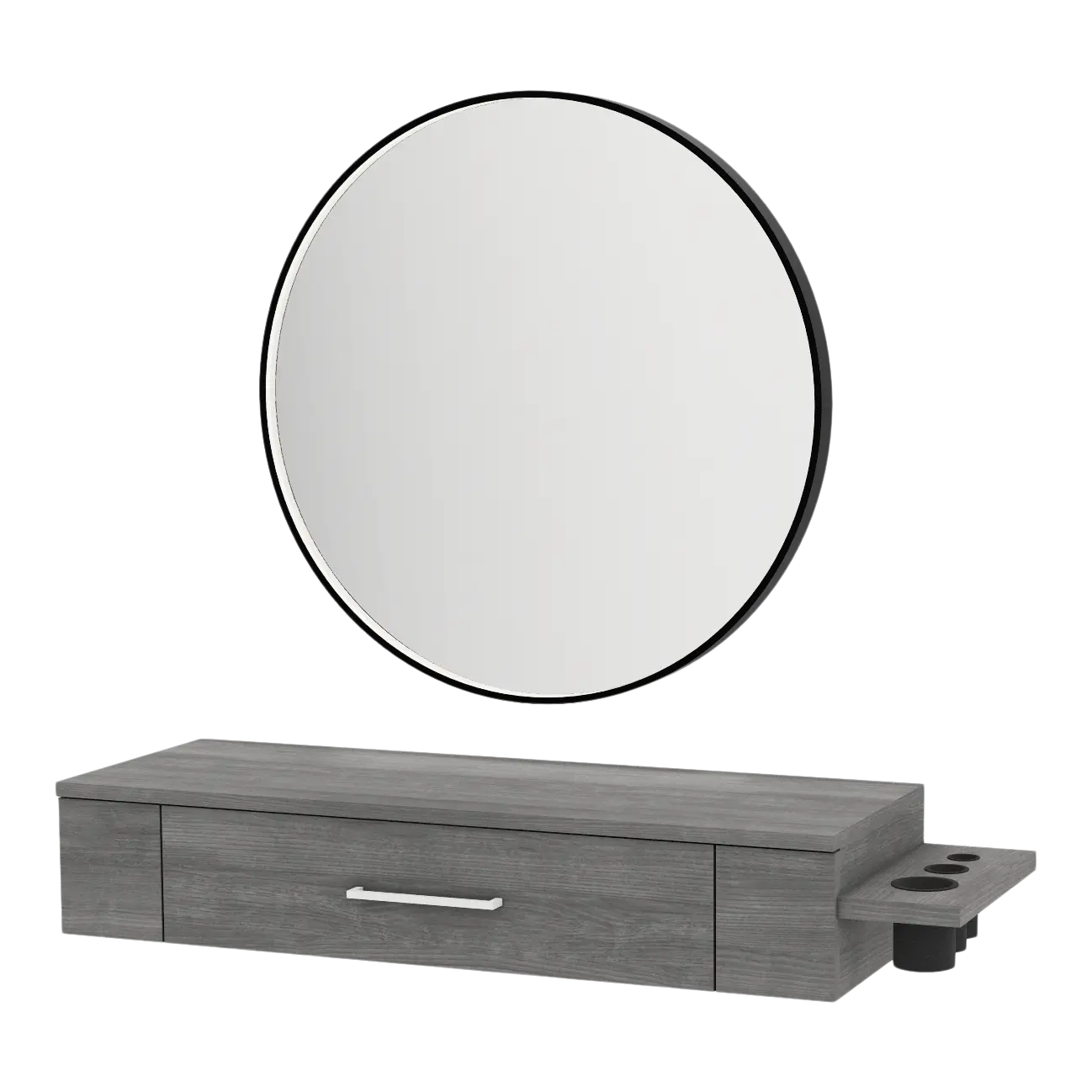 Nova Wall Mount Styling Station with Side-Mount Appliance Holder and Black Round Westin Mirror