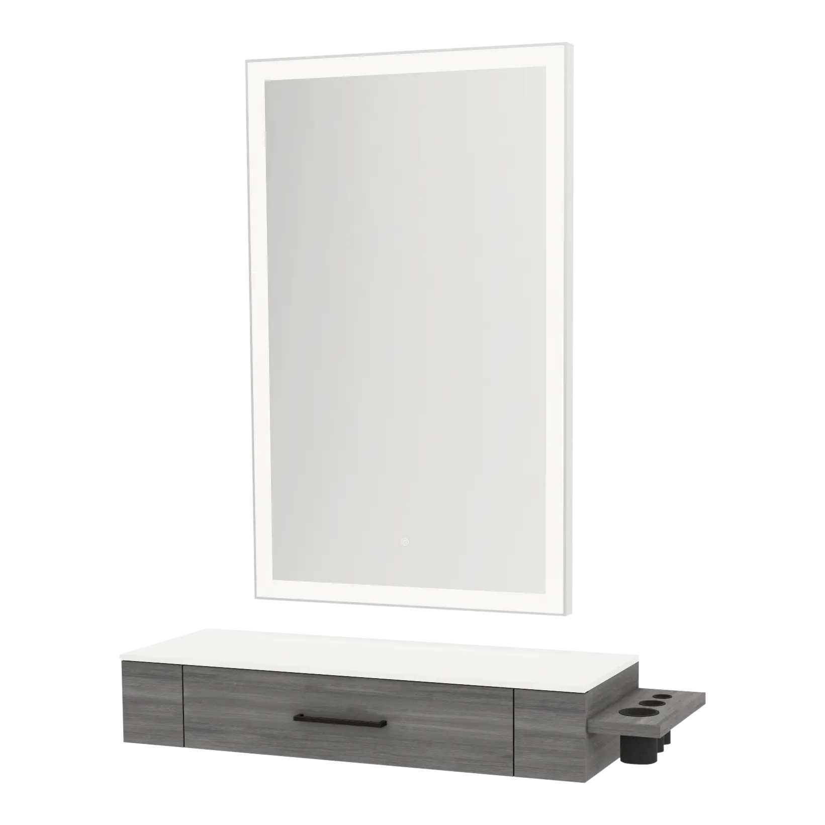 Nova Wall Mount Styling Station with Side-Mount Appliance Holder, Solid Surface Countertop and Silver Rectangle Glo Mirror