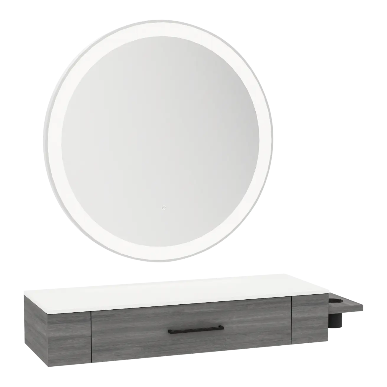 Nova Wall Mount Styling Station with Side-Mount Appliance Holder, Solid Surface Countertop, and Silver Round Glo Mirror