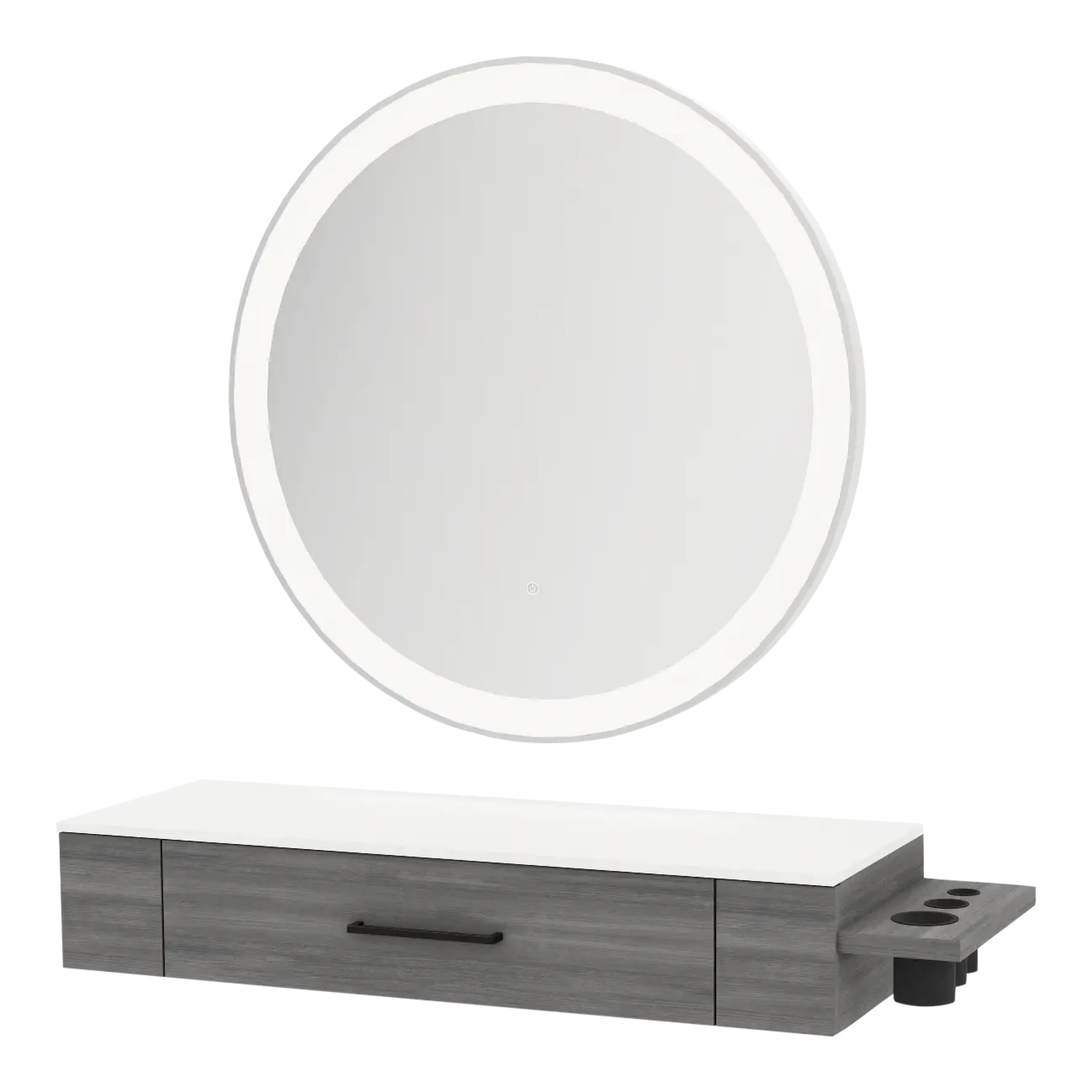 Nova Wall Mount Styling Station with Side-Mount Appliance Holder, Solid Surface Countertop, and Silver Round Glo Mirror