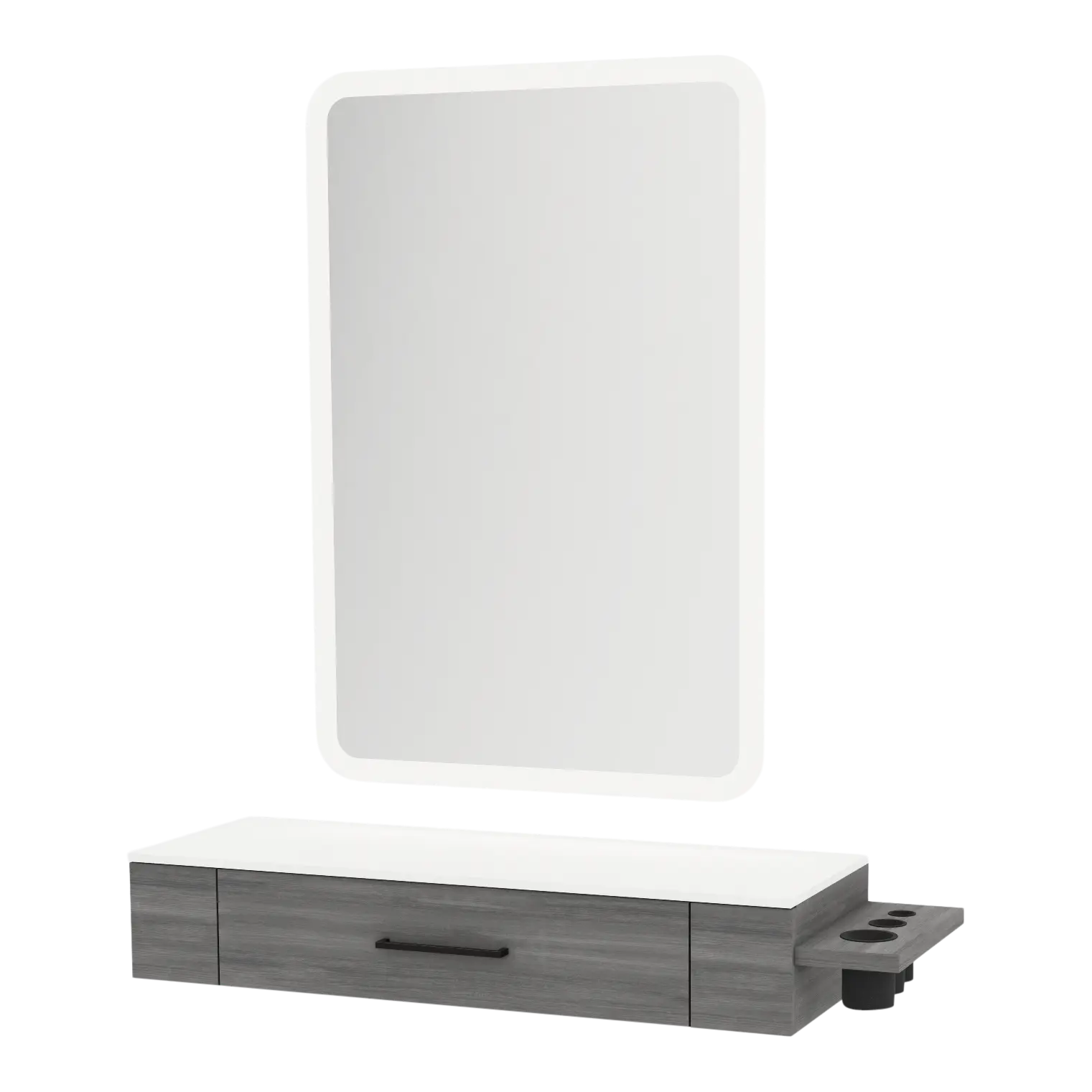 Nova Wall Mount Styling Station with Side-Mount Appliance Holder, Solid Surface Countertop and Illuminate LED Mirror