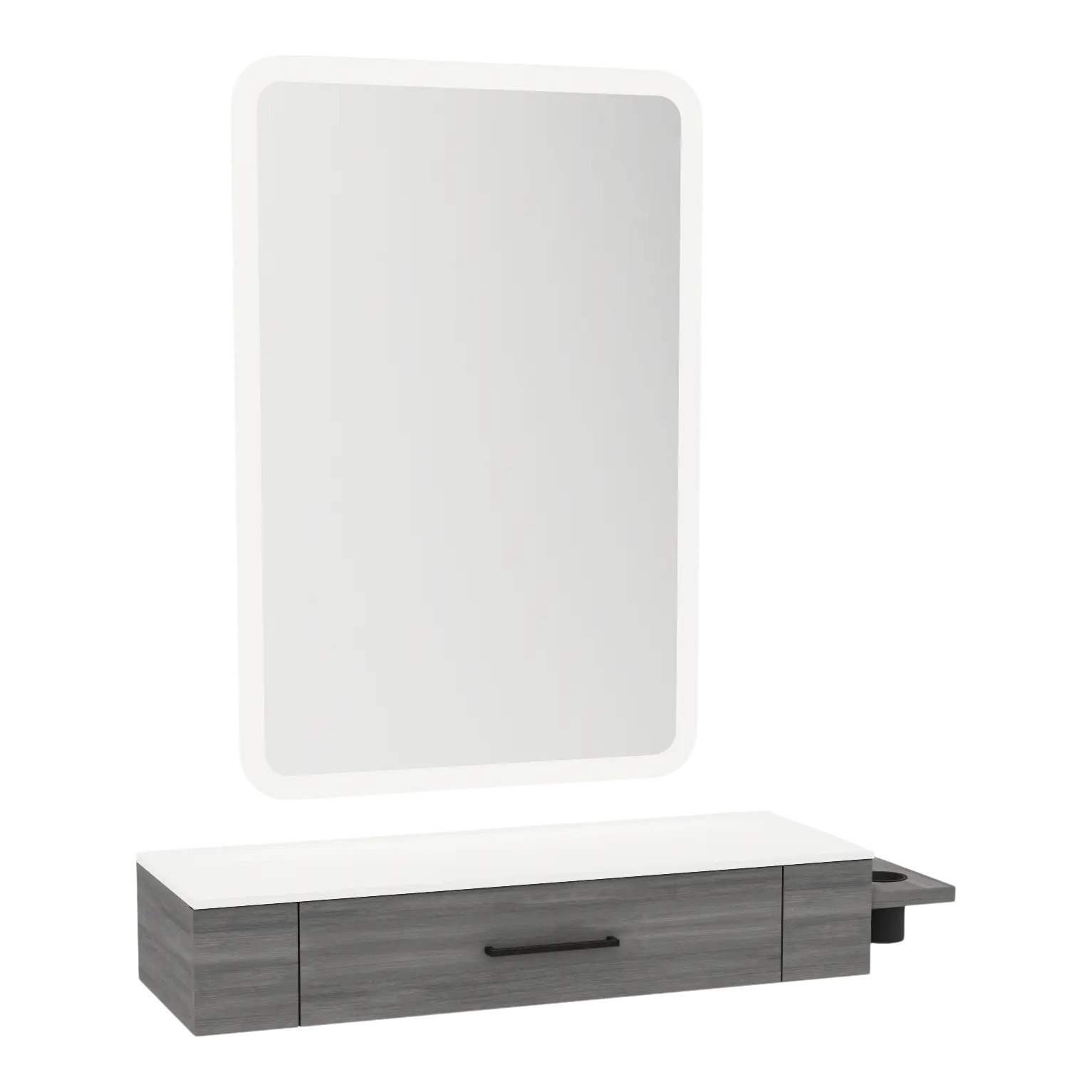 Nova Wall Mount Styling Station with Side-Mount Appliance Holder, Solid Surface Countertop and Illuminate LED Mirror