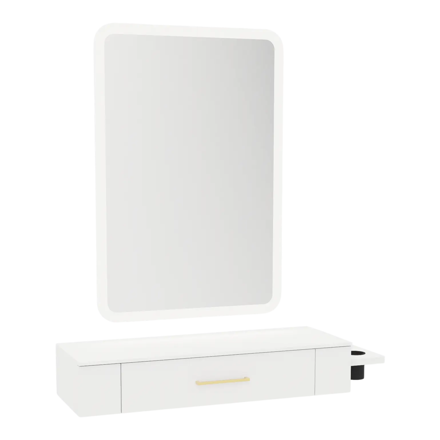 Nova Wall Mount Styling Station with Side-Mount Appliance Holder, Solid Surface Countertop and Illuminate LED Mirror