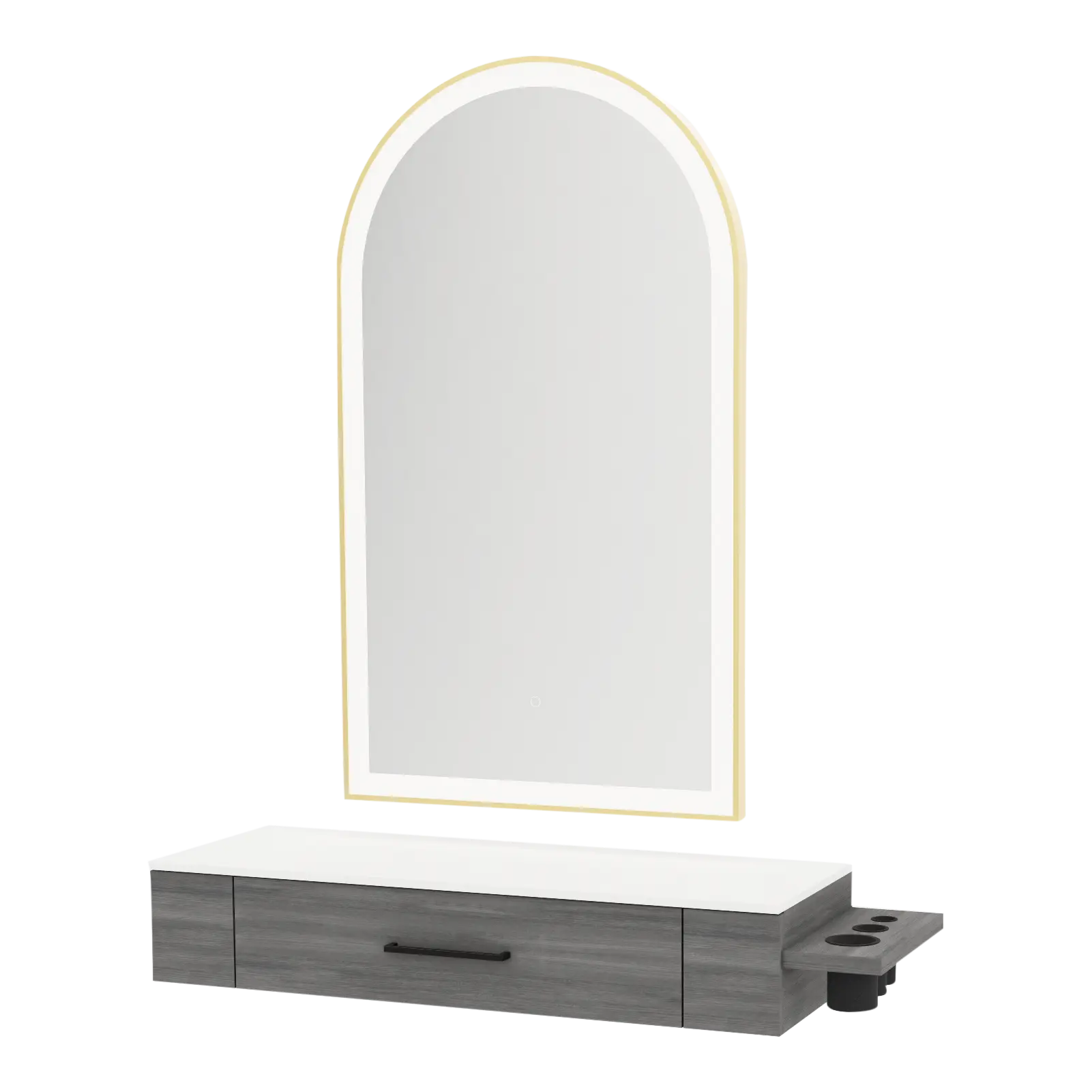 Nova Wall Mount Styling Station with Side-Mount Appliance Holder, Solid Surface Countertop and Gold Paloma Arch Mirror