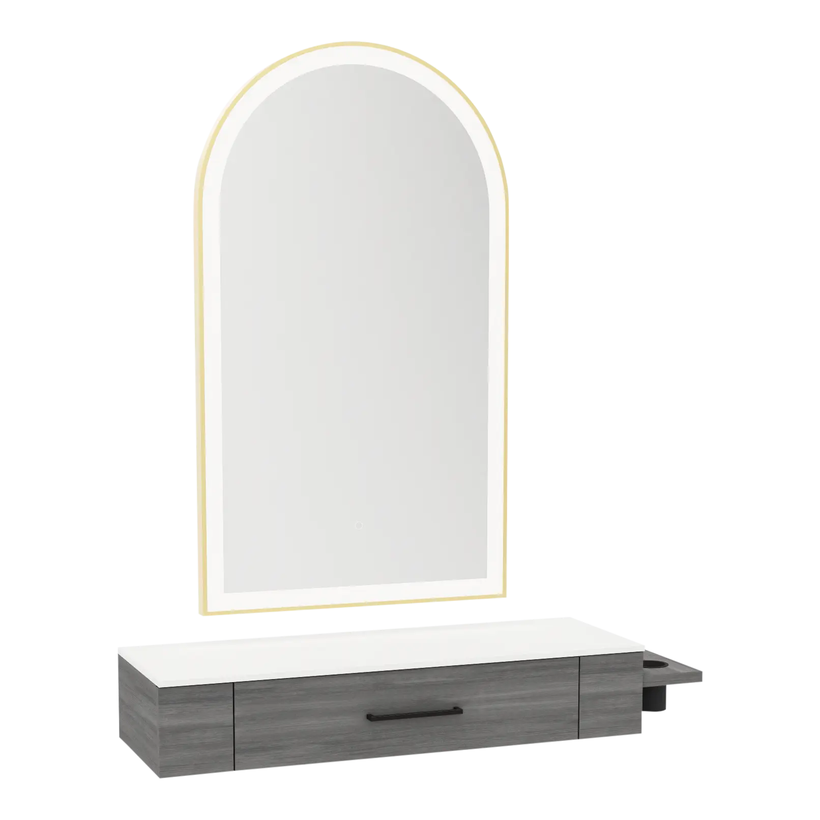 Nova Wall Mount Styling Station with Side-Mount Appliance Holder, Solid Surface Countertop and Gold Paloma Arch Mirror