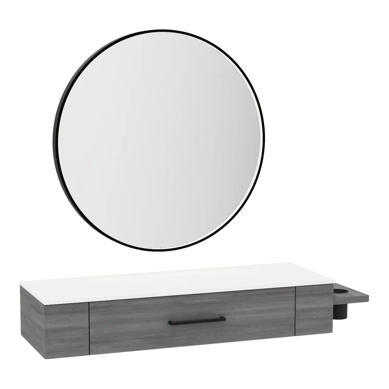 Nova Wall Mount Styling Station with Side-Mount Appliance Holder, Solid Surface Countertop, and Black Round Westin Mirror