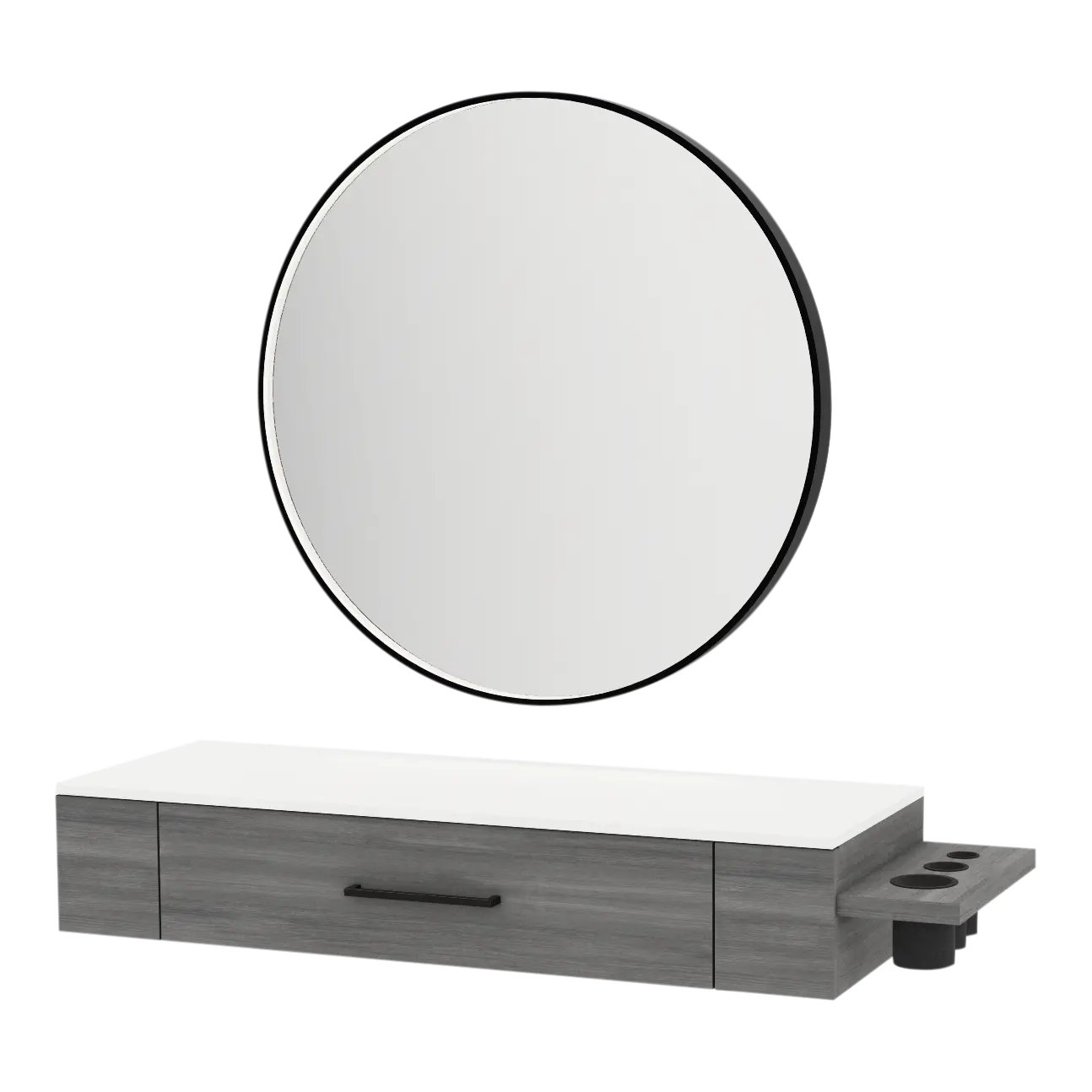 Nova Wall Mount Styling Station with Side-Mount Appliance Holder, Solid Surface Countertop, and Black Round Westin Mirror