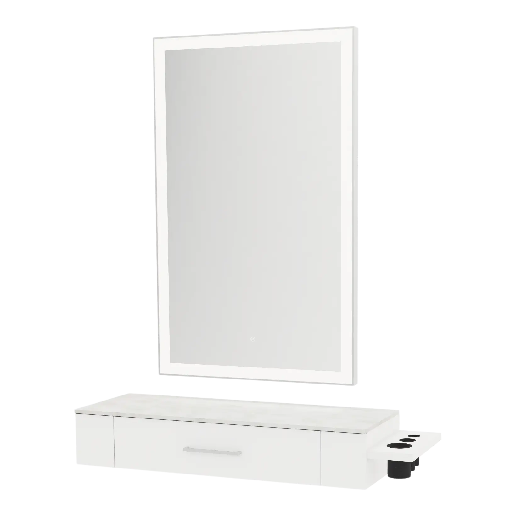 Nova Wall Mount Styling Station with Side-Mount Appliance Holder, Solid Surface Countertop and Silver Rectangle Glo Mirror