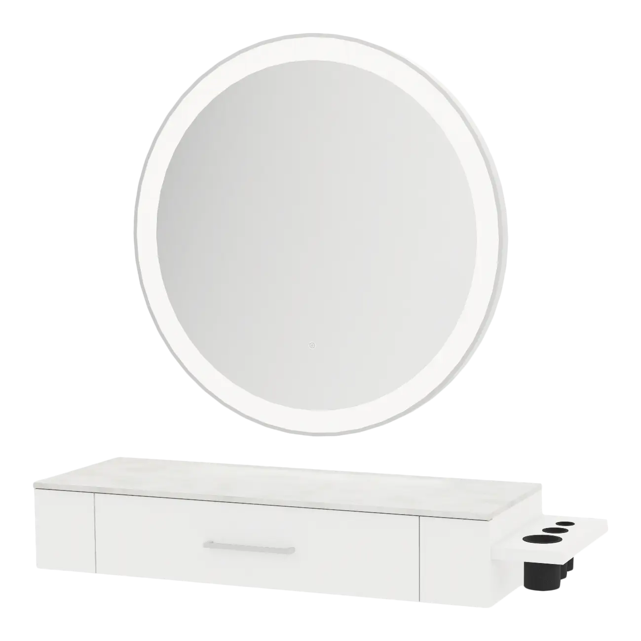 Nova Wall Mount Styling Station with Side-Mount Appliance Holder, Solid Surface Countertop, and Silver Round Glo Mirror