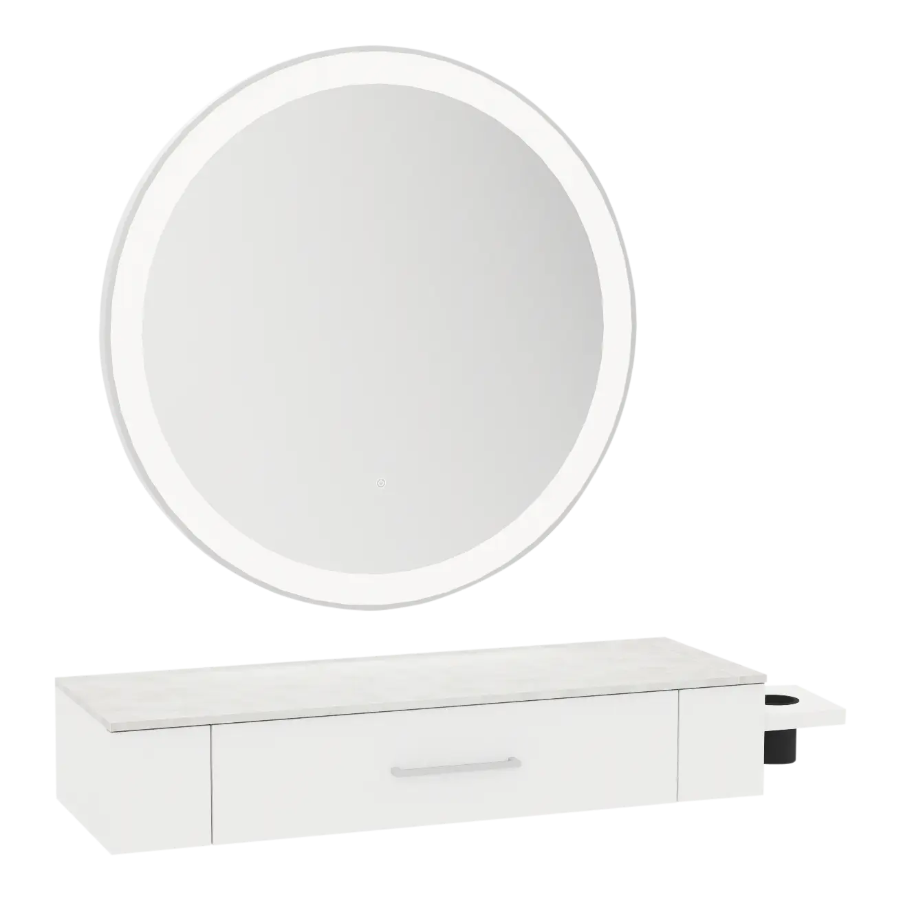 Nova Wall Mount Styling Station with Side-Mount Appliance Holder, Solid Surface Countertop, and Silver Round Glo Mirror