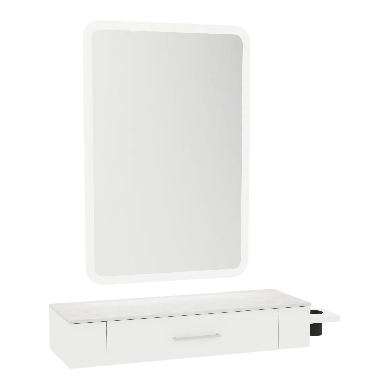 Nova Wall Mount Styling Station with Side-Mount Appliance Holder, Solid Surface Countertop and Illuminate LED Mirror